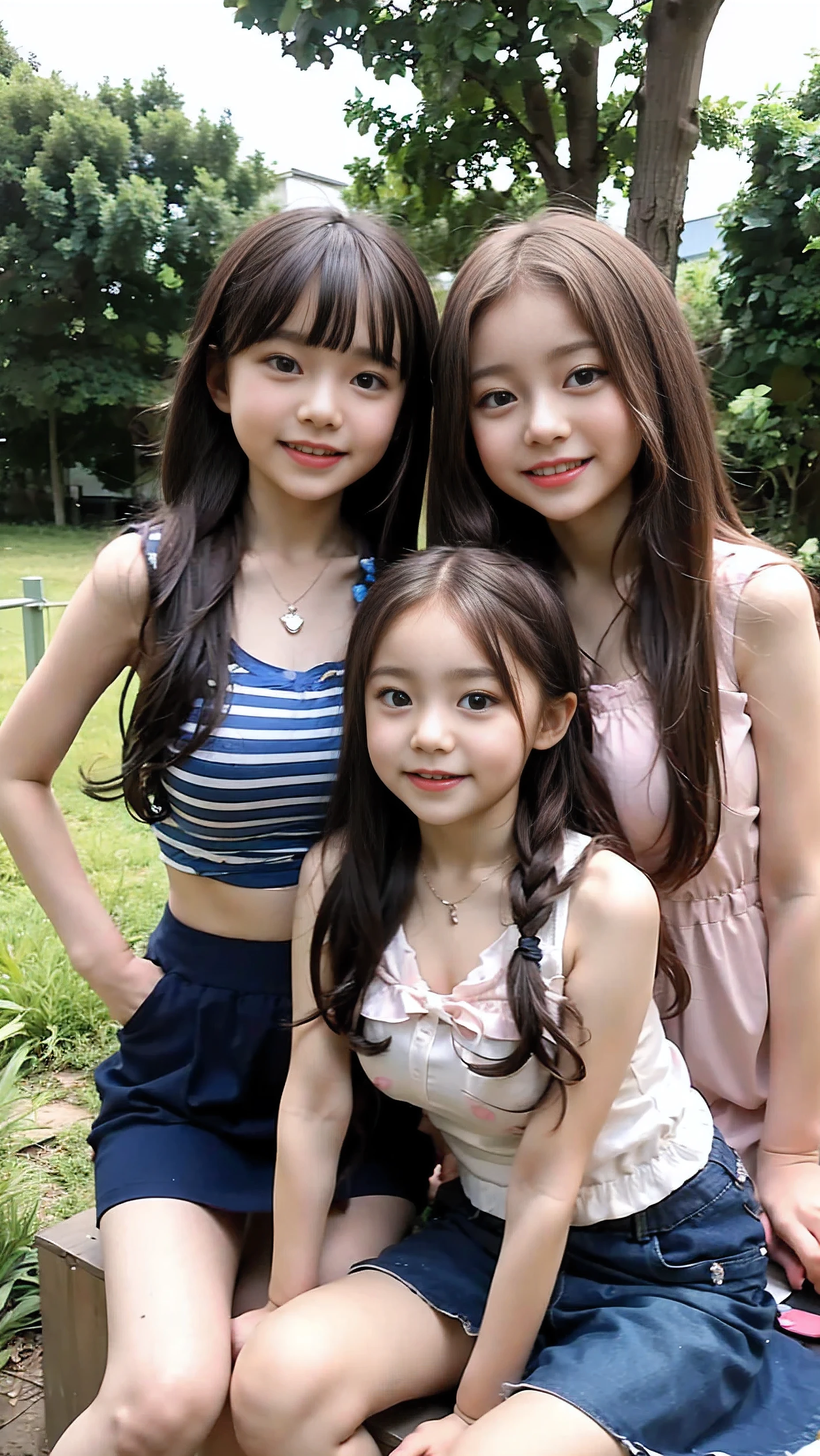 (   3 elementary school girls、All elementary school students 、 have super huge breasts that seem to break), smile、   staring at the camera  、  diamond necklace  、   hair with braids.,  Wear a jeans skirt  ..(    striped tank top  ) Expose your upper arms 、   super long twin tail feather decoration 、   flower hair ornament with bun head  、  masterpiece ,  top quality, 8k,   beautiful girl, Young Face、   photos of Dress Boxing Match,   cute face, thigh,( At the lotus pond ),、smile mark 、 Waistline,    blue eyes((( Proud ....)))(((Round chest)))((( Super Big 1.6)))