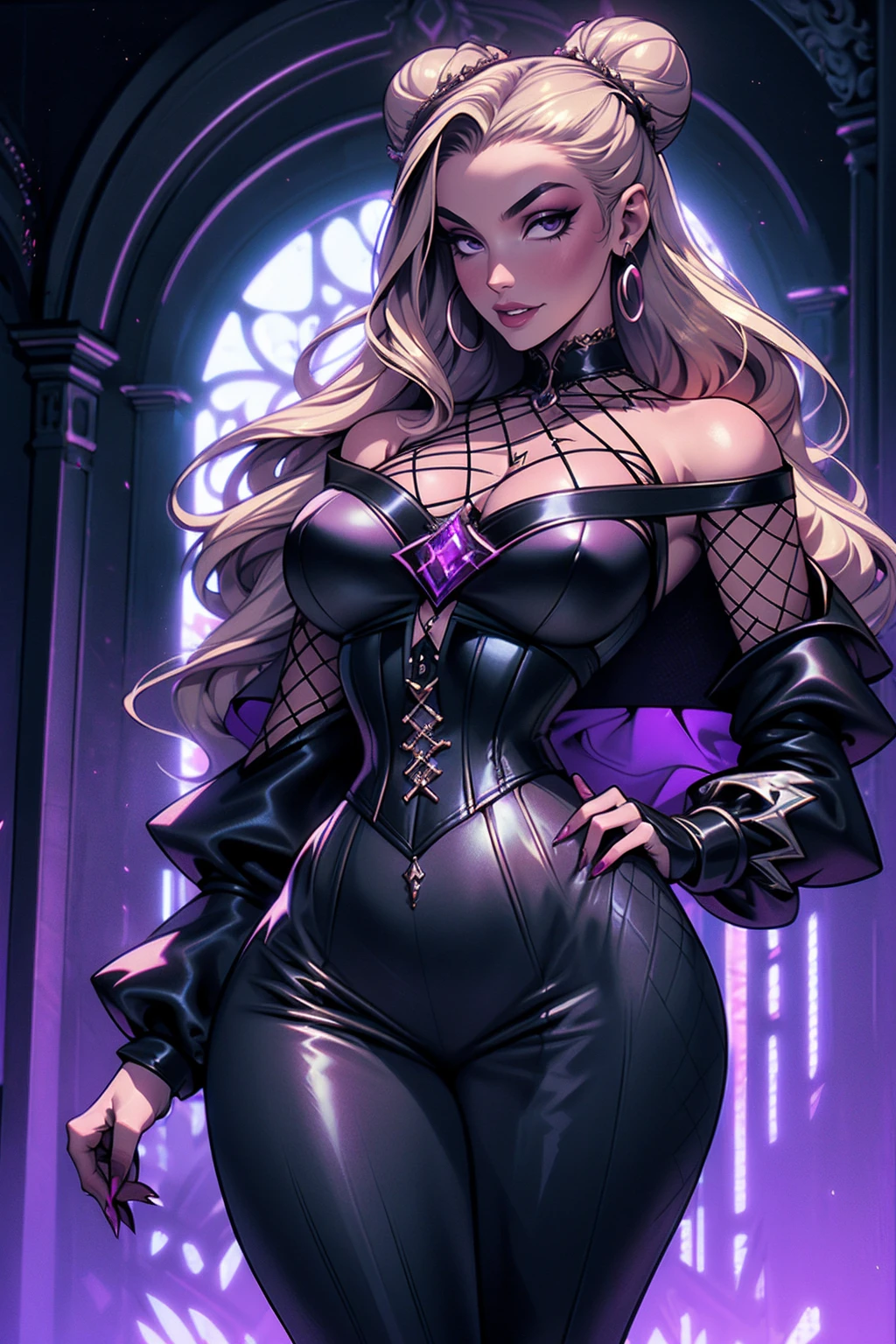 (masterpiece, top quality, best quality, official art, beautiful and aesthetic: 1.2), (1 woman: 1.3), long curly blonde hair, ((fancy bun)), Victorian style, Victorian classic, extremely detailed, portrait, looking at the viewer, solo, (full body: 0.6), detailed background, close-up, mischievous eyes, (cold midnight castle theme: 1.1), vampire, long fangs, blood on chin, huge lips, charlatan, mischievous smile, mysterious, being seductive on the balcony, revealing gothic dress, extremely tight bodice, black costume, magenta skirts, off-the-shoulder, long sleeves, loose sleeves, black leather , cape, corset, black dress, fishnets, black high boots, buckles, straps, bags, glowing blood magic energy, dark magenta fabric, silver trim, black leather, extremely slim, slim waist, slim hips, medieval background (gothic castle exterior: 1.1), nocturnal, dark and mysterious lighting, shadows, magical atmosphere, abigail larson art style,