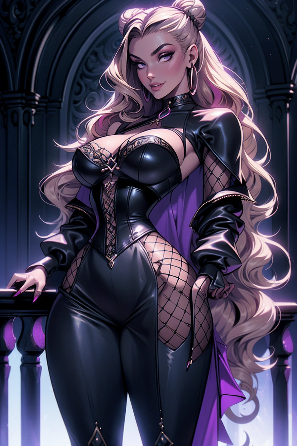 (masterpiece, top quality, best quality, official art, beautiful and aesthetic: 1.2), (1 woman: 1.3), long curly blonde hair, ((fancy bun)), Victorian style, Victorian classic, extremely detailed, portrait, looking at the viewer, solo, (full body: 0.6), detailed background, close-up, mischievous eyes, (cold midnight castle theme: 1.1), vampire, long fangs, blood on chin, huge lips, charlatan, mischievous smile, mysterious, being seductive on the balcony, revealing gothic dress, extremely tight bodice, black costume, magenta skirts, off-the-shoulder, long sleeves, loose sleeves, black leather , cape, corset, black dress, fishnets, black high boots, buckles, straps, bags, glowing blood magic energy, dark magenta fabric, silver trim, black leather, extremely slim, slim waist, slim hips, medieval background (gothic castle exterior: 1.1), nocturnal, dark and mysterious lighting, shadows, magical atmosphere, abigail larson art style,