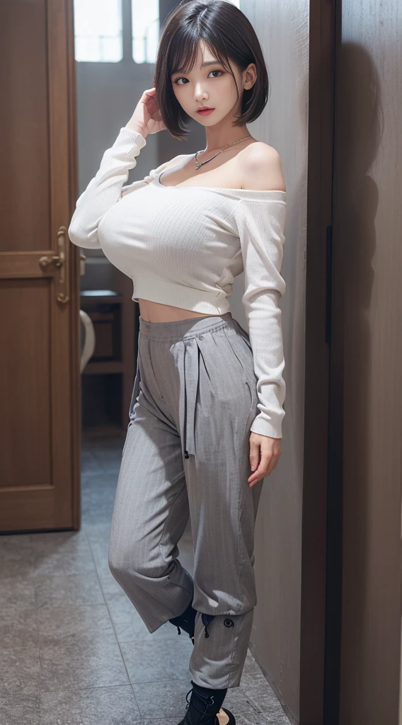 a close up of a woman wearing a gray top and white pants, wearing a cute top, casual clothing style, intriguing outfit, open chest clothes, grey clothes, multilayered outfit, tight wrinkled cloath, beautiful image, wearing tight simple clothes, grey, stunning detail, pastel, beautiful clothes, korean, beautiful upper body