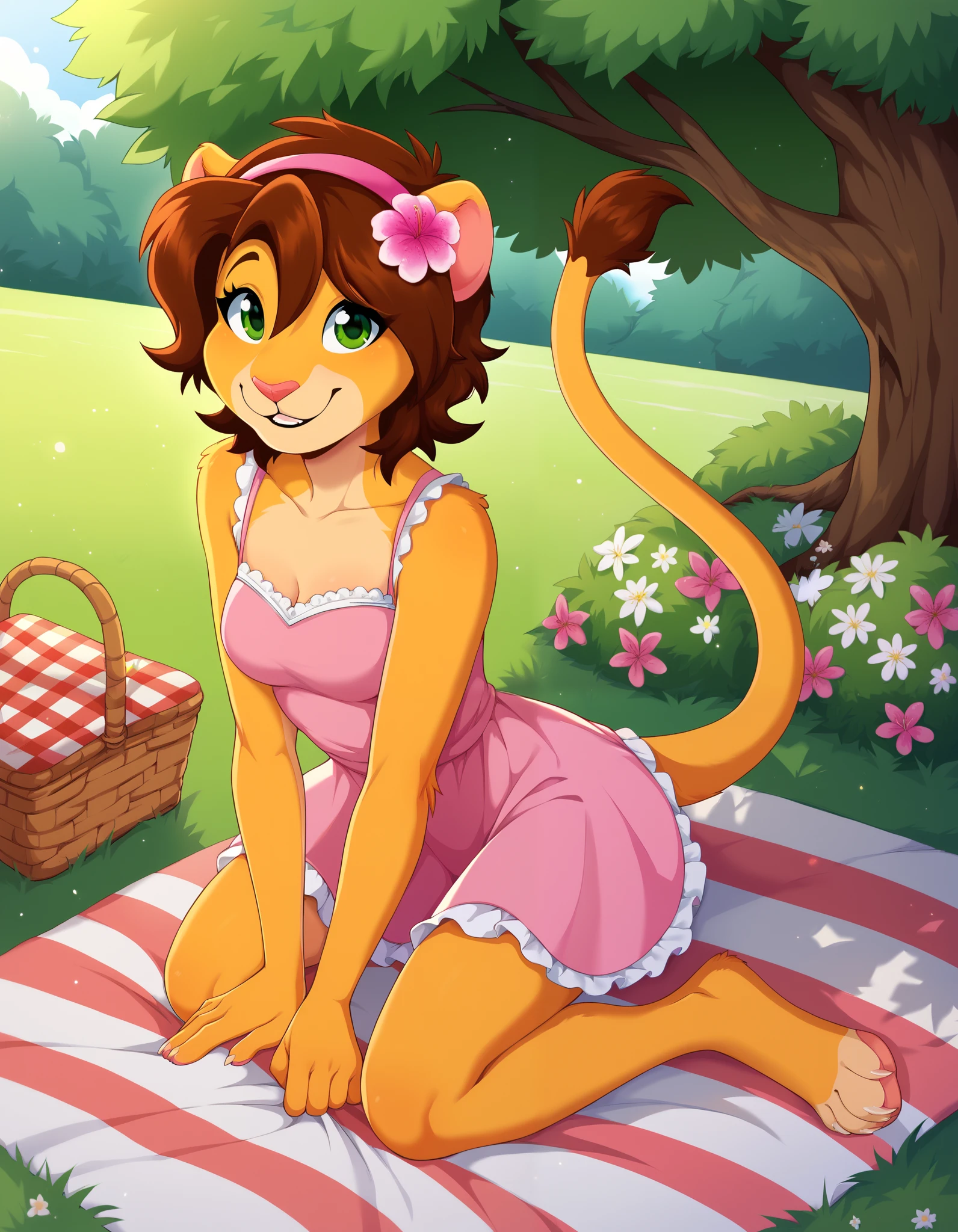 score_9, score_8_up, score_7_up, source_cartoon, anthro girl on sitting at a picnic, on knees, picnic basket, solo focus, sleeveless pink dress, looking at viewer, Keiko, brown hair, furry female, green eyes, smile, animal ears, tail, animal nose, hairband, hair ornament, hair flower, body fur, short hair, bangs, lion ears, in park, solo