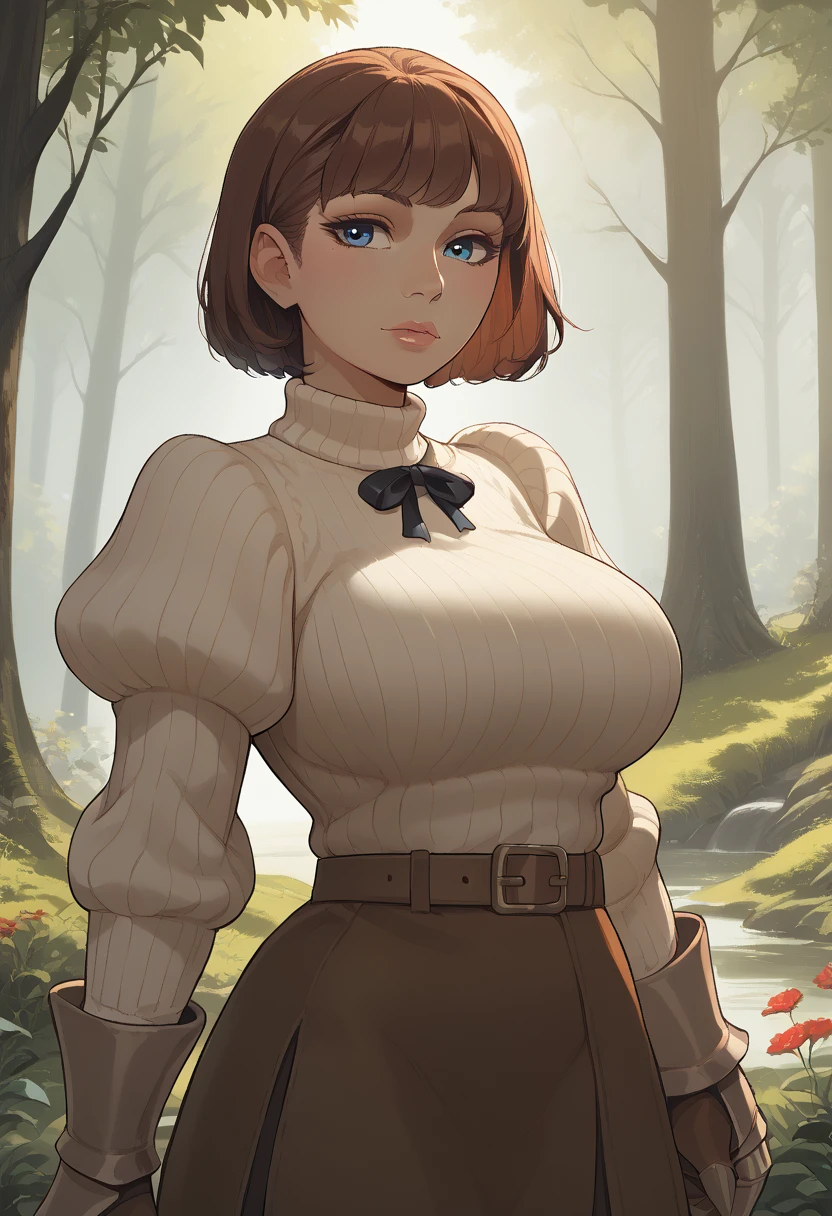 score_9, score_8_up, score_7_up, source_anime, 1woman, mature, human female, human, detailed face, jawline, smooth skin, beige skin, beautiful eyes, blue eyes, brunette, big breasts, bob cut hair, long sleeves, sweater, ribbed sweater, puffy sleeves, breastplate, ribbon, red ribbon, gauntlets, glove, brown gloves, belt, skirt, armor, outdoors, forest, nature,