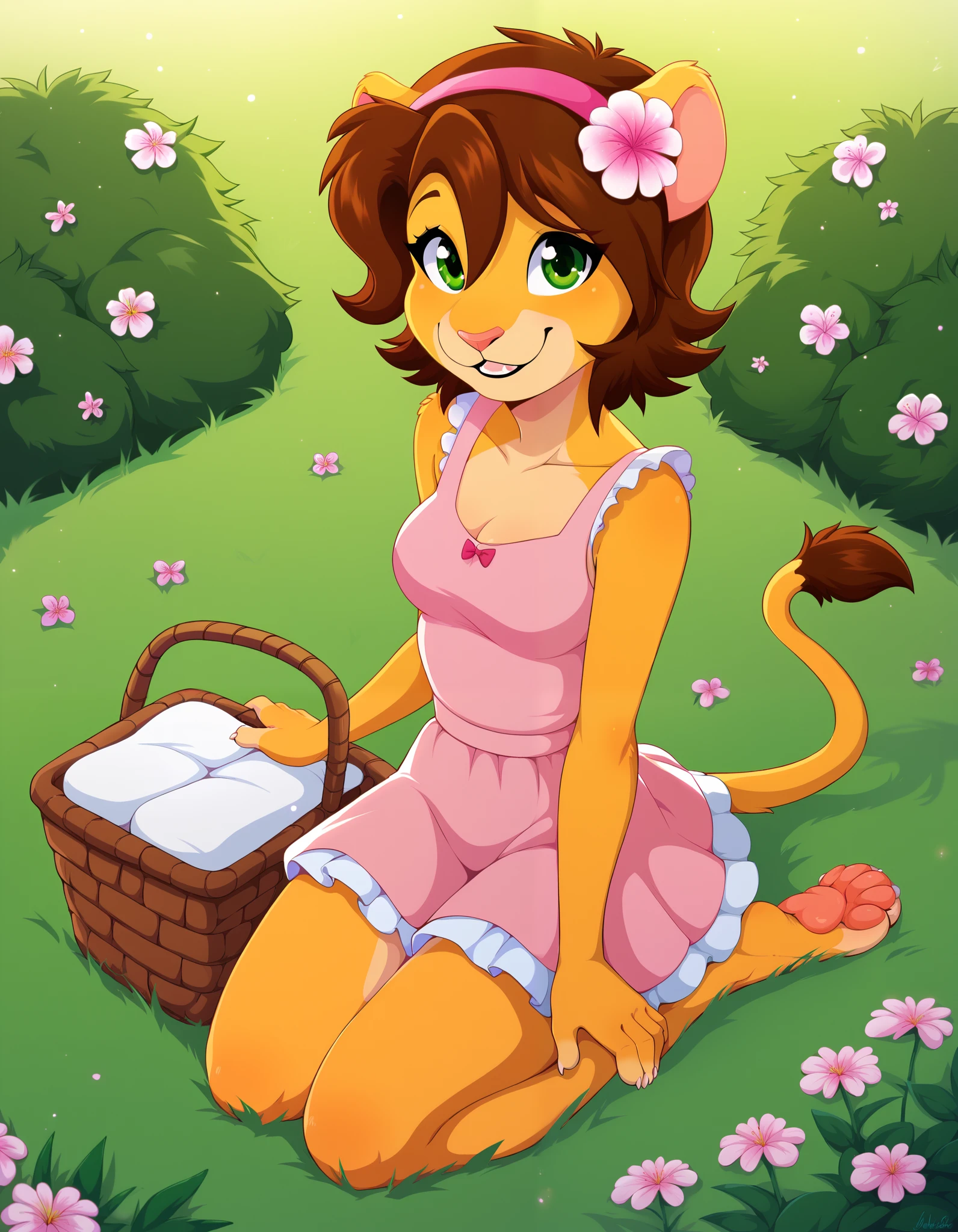 score_9, score_8_up, score_7_up, source_cartoon, anthro girl on sitting at a picnic, on knees, picnic basket, solo focus, sleeveless pink dress, looking at viewer, Keiko, brown hair, furry female, green eyes, smile, animal ears, tail, animal nose, hairband, hair ornament, hair flower, body fur, short hair, bangs, lion ears, in park, solo