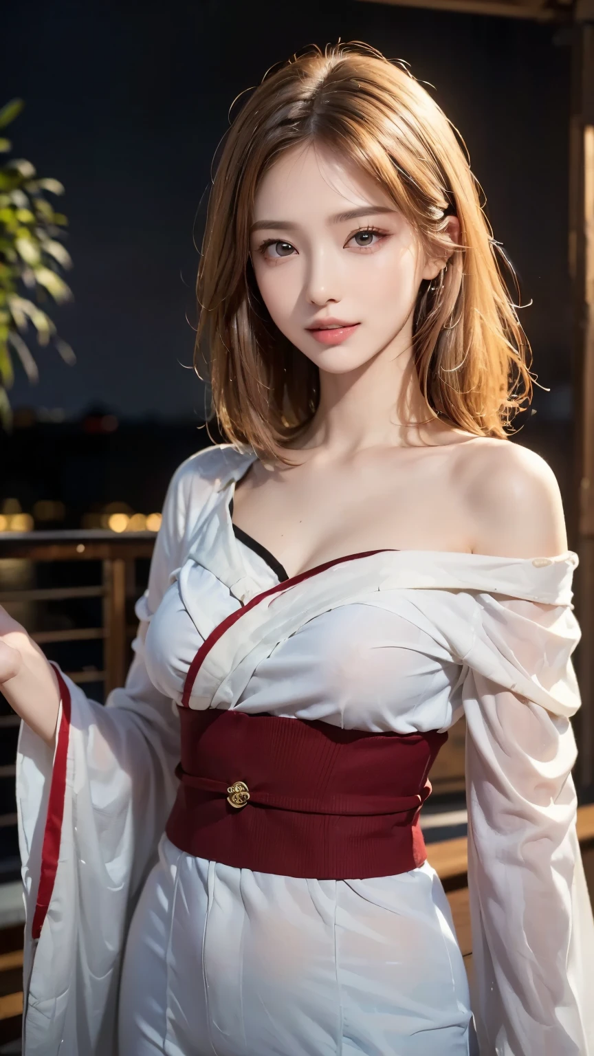 female,masterpiece, realistic, best quality, ultra detailed, cowboy_shot, long hair, white hair, red lips, jewelery,hanfu, kungfu wear, colorful clothing,cherry blossom,thighhighs