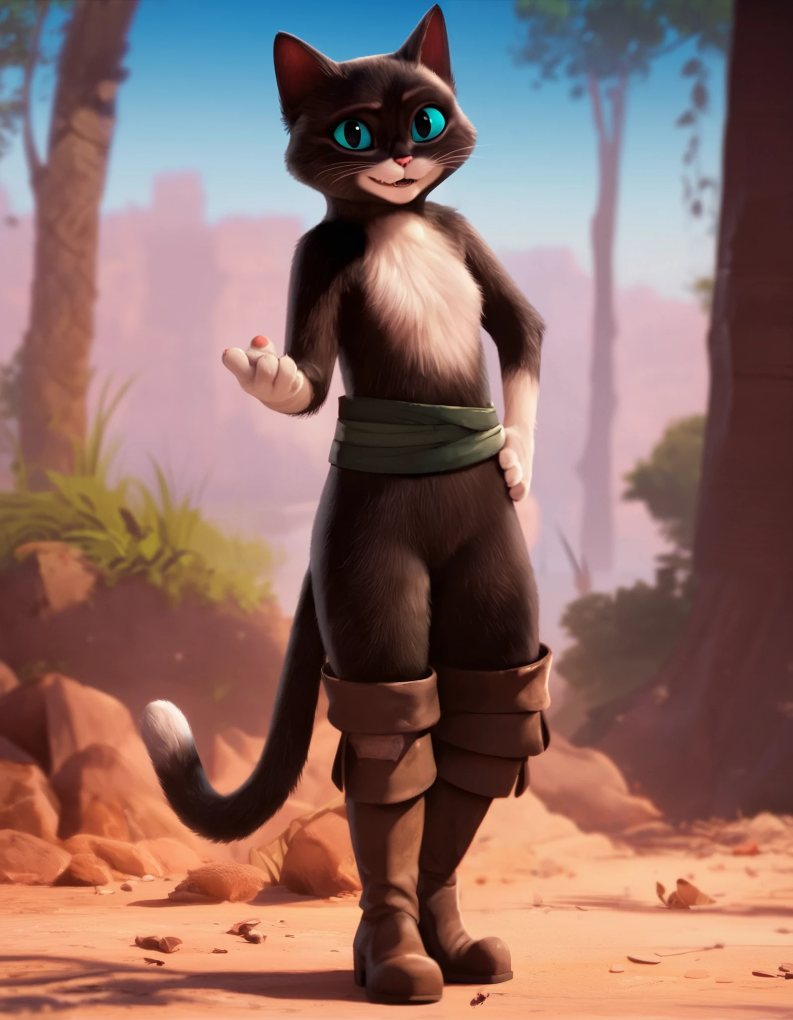 score_9, score_8_up, score_7_up, score_6_up, rating_safe, (ksp:1.3), female cat, solo, full body, posing, one hand on waist, (bare thighs:1.2), bandage belt, boots, looking at viewer, (cute smile:1.3), 