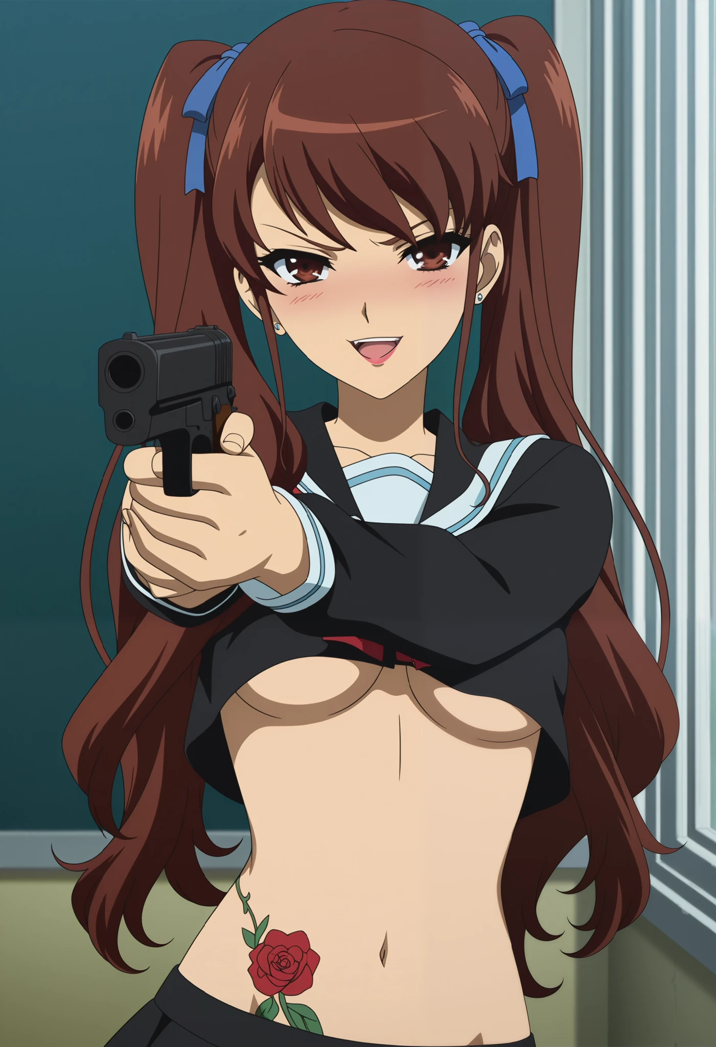 brown hair,long hair,yumi sayaka, blush, lipstick, Hot girl, baddie, staring, glaring, bad attitude, mean girl, crazy, smoking, sensual, attractive, masterpiece, best quality, highly detailed, a anime girls in sailor uniforms with a gun posing for a picture,
evil smile, smile, open mouth,black_serafuku, ecchi anime style, anime girls , (nsfw) not safe for work,
ecchi style, ecchi, shipgirls, digital anime art!!, high school girls, holding a gun, hold a gun, anime style 4
k, micro skirt, exposed belly, exposed navel, exposed midriff, holding pistol,underboob,
exposed lower belly,school, classroom