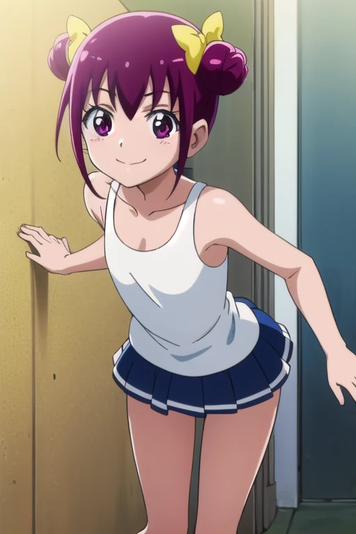  anime girl  with pink hair and purple eyes in white tanktop, ( anime girl ),  anime moe art style,  Anime Style , in  Anime Style , naughty  Anime Style , 2D  Anime Style , smile, smile face, cute anime young girl， very short， toddler figure ， turn your butt over here， open and swollen anus ，clothing: white tank top, pretty  anime girl , Tank Top Underwear,  pink short hair ,  pink eyed girl,  double sided bun hair , yellow hair bow , Flat breasts,   navy blue miniskirt  , Alone,  anime girl , flat  Anime Style  shading, cute  Anime Style ,  Anime Style のアート, Produced with Anime Artist Studio ,  white tank top ,  navy blue miniskirt , an  anime girl ,  beautiful charming anime teen,  Casual atmosphere ,