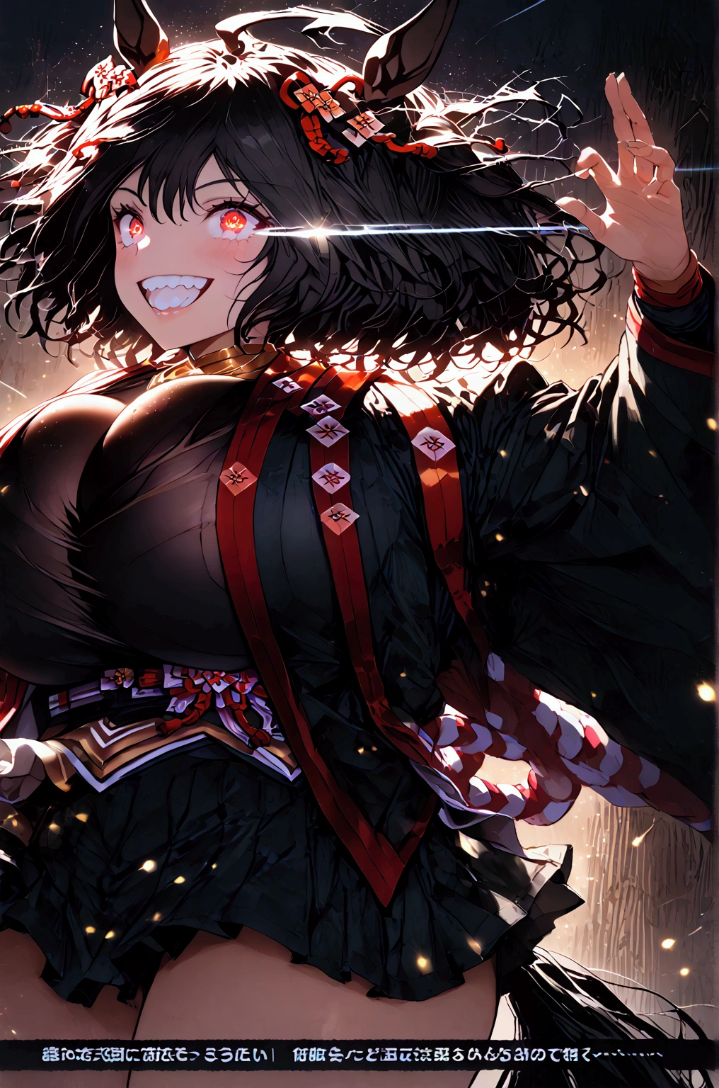 (((  Kitasan Black 1 )))、((( black hair)))、((( short hair)))、(((Black Kitasan Black Outfit )))、((( short skirt)))、(((Horse&#39;s ears)))、 Horse's Tail、(( Glowing Eye Trail  ))、(((smile)))、(((Glare with sharp eyes)))、((( Master Karate )))、(((Showing teeth)))、(((Show me big cleavage)))、(((darkness)))、(((Turf)))、「  top quality、  Masterpiece 、 Illustration 、  Very Delicate and Beautiful  、 非常に Detailsな、CG、8k wallpaper、 wonderful、  Details、  Masterpiece 、最高の究極の芸術 非常に Detailsな CG Unity 8k wallpaper」、((Big Breasts))、(( thick thighs))、(  Details Delicate Hair  )、(Delicate skin )、( Detailed and delicate face )、( Detailsで繊細な手 )、(  Details and Delicate Legs  )、(  Detailsで繊細な衣装)、(Perfect Legs)、(Perfect Arms)、(  perfect face)、(Wind and Lightning )