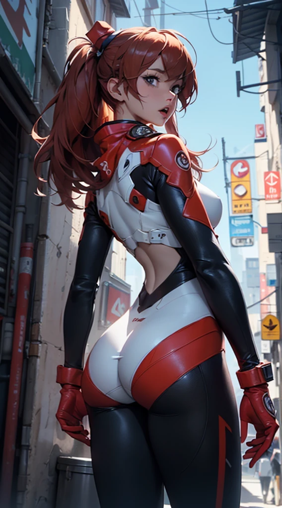 masterpiece),(Scarlett Johansson),(Short Red Hair),(Detailed Ass),(Detailed Green Eyes),(Detailed Nose),(Detailed Lips),(Toned Back),(Wide Hips),(Detailed Thighs),(Athletic Figure),(white Tactical Suit), Silhouetted by the setting sun, Black Widow's figure highlights the shape of her toned buttocks as she surveys the bustling metropolis below.