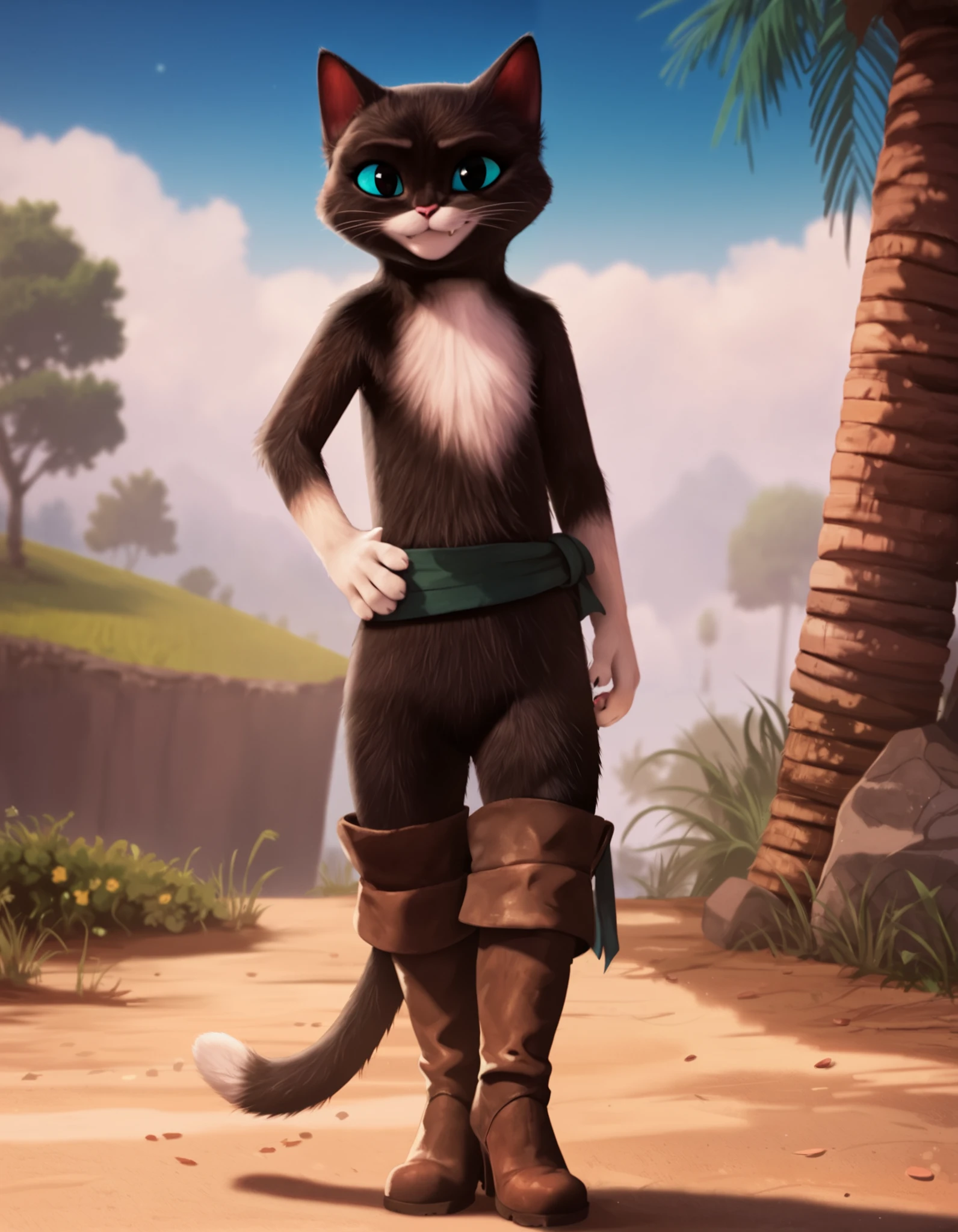 solo, score_9, score_8_up, score_7_up, rating_safe, (ksp:1.3), female cat, solo, full body, posing, one hand on waist, (bare thighs), bandage belt, boots, looking at viewer, (cute smile), flat chest