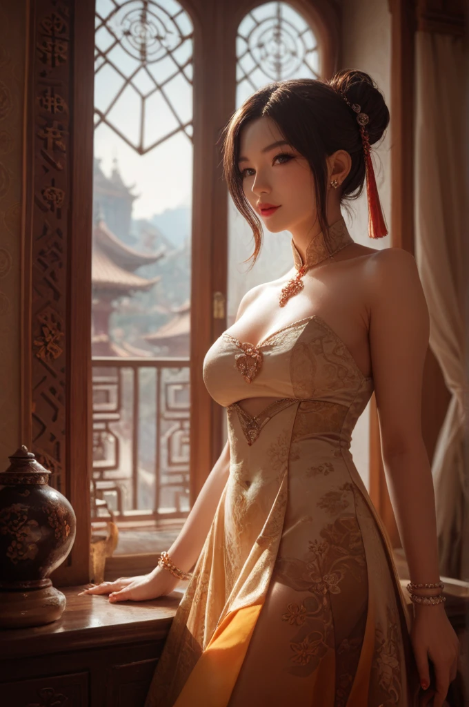 Masterpiece of the highest quality and clarity: 1.3),
A beautiful Thai woman with a perfect figure, 8ก, in clear focus: 1.2,
Her intricately cut layers revealing a shoulder, 1.5,
Smooth, radiant skin, with visible pores and texture, 1.3,
Her deep-set, captivating brown eyes, narrow lines framing, 1.2,
Long brown hair cascading in a ponytail, 1.2,
Collarbone jutting out, adorned in a traditional Chinese dress, 1.4,
Standing statue-like with an armored body,