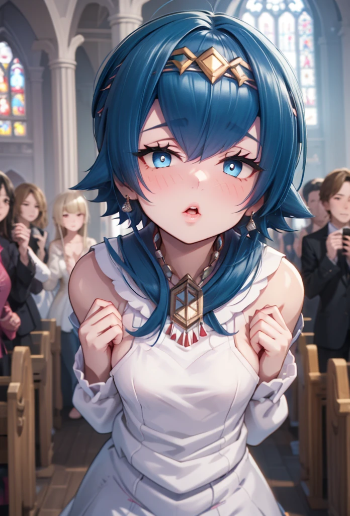 ((masterpiece, top quality)) ,  viewers who stop at the edge,  Cowboy Shots,  church background,  cinematic composition ,  (young:1.8) (small breasts:1.4) ,  happy , long wedding dresses,(( closes the eye)),nsfw,((Wait for a kiss)), blue hair, long hair, blue eyes.White pupil, headband ,Young Girl 1( girls with light makeup) ,solo,  earrings,  Long Sleeve , and blushing ,  close your mouth,Thick lips,Tarako lips)( fold your hands behind your back)