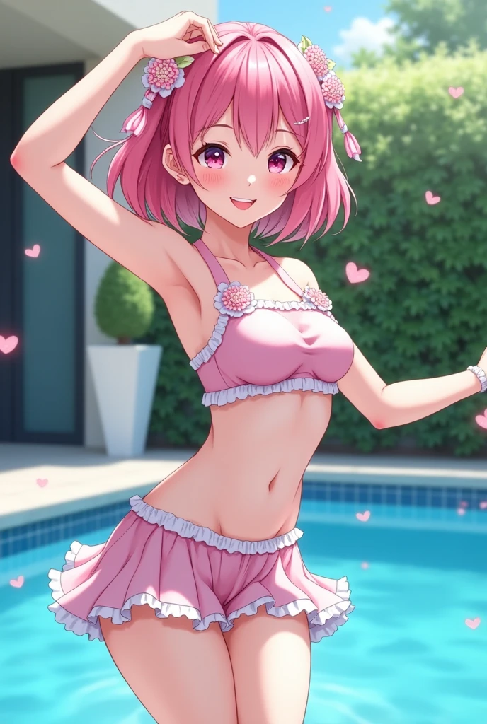 1girl, natural lighting, masterpiece, highly detailed, illustration, game CG, absurdres, high quality, aichan, large breasts, beautiful detailed eyes, medium bright pink hair, ponytail, bangs, glossy lips, blush, garden, frilly bikini, short microskirt, from behind, looking back at viewer