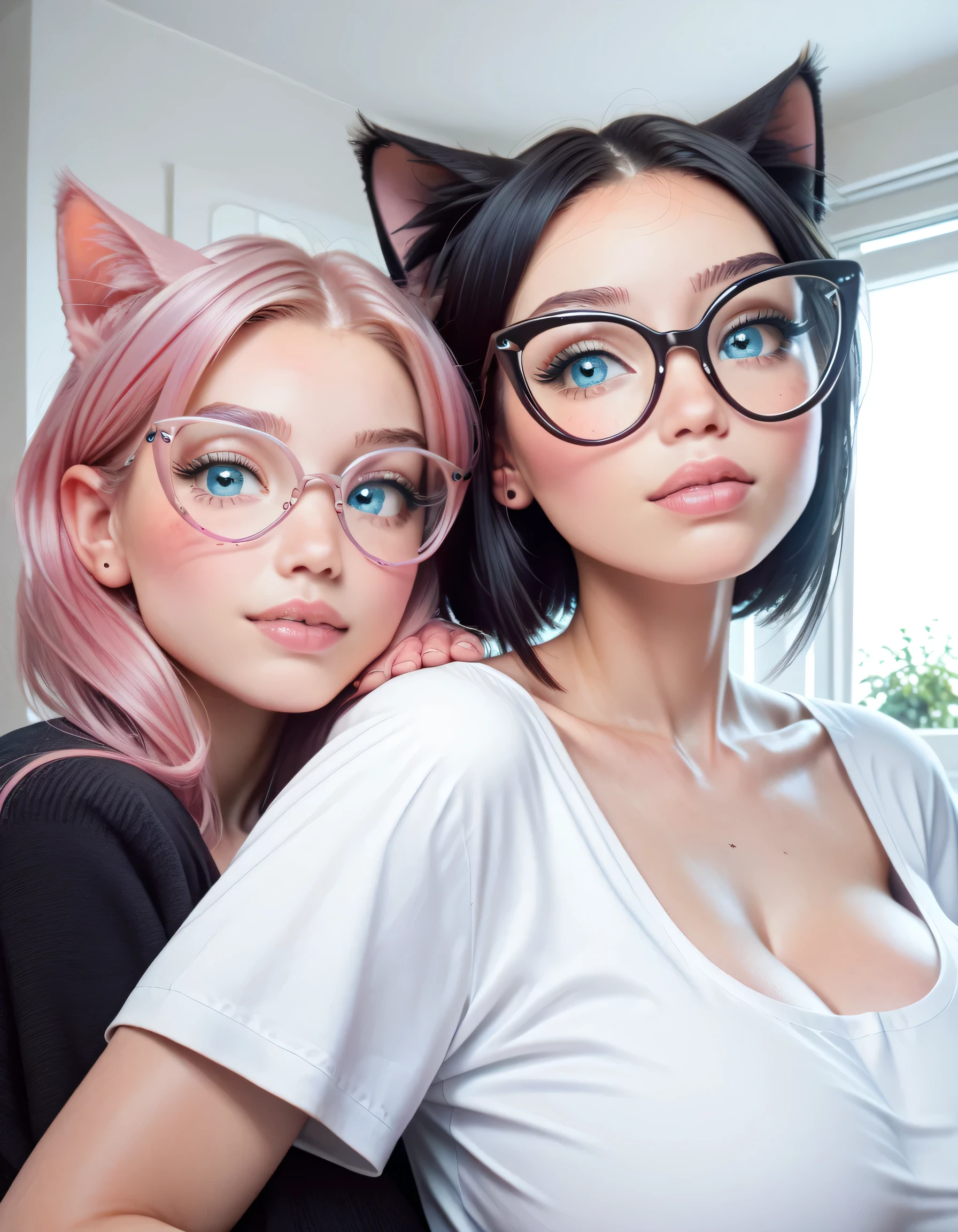 Hd, high quality, two girls with different hair, (high quality faces), adorable teenage schoolgirl, (((black oversized cat-eye glasses))), (((huge breasts))), pink and white bodysuit, expressive blue eyes, bedroom