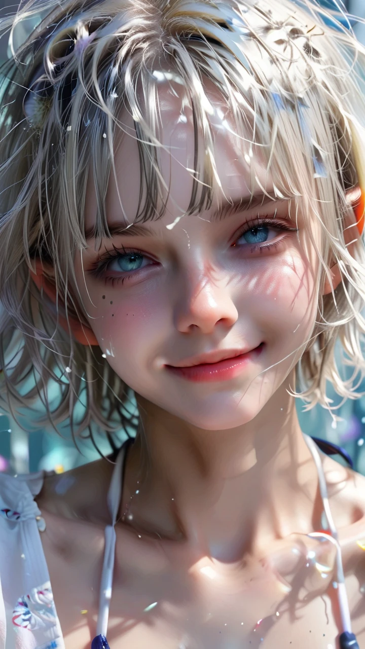 score_9,score_8_up,score_7_up,2.5d,upperbody,1girl,solo,anime and european face,Squint eyes,(big eyes:0.1),Look At Viewer,smile,Closed Mouth,Fine hair,(Messy hair:0.5),black bob cut,Messy Tip Hairstyle,White porcelain skin,(large breasts:0.8),navel,Groin,micro bikini