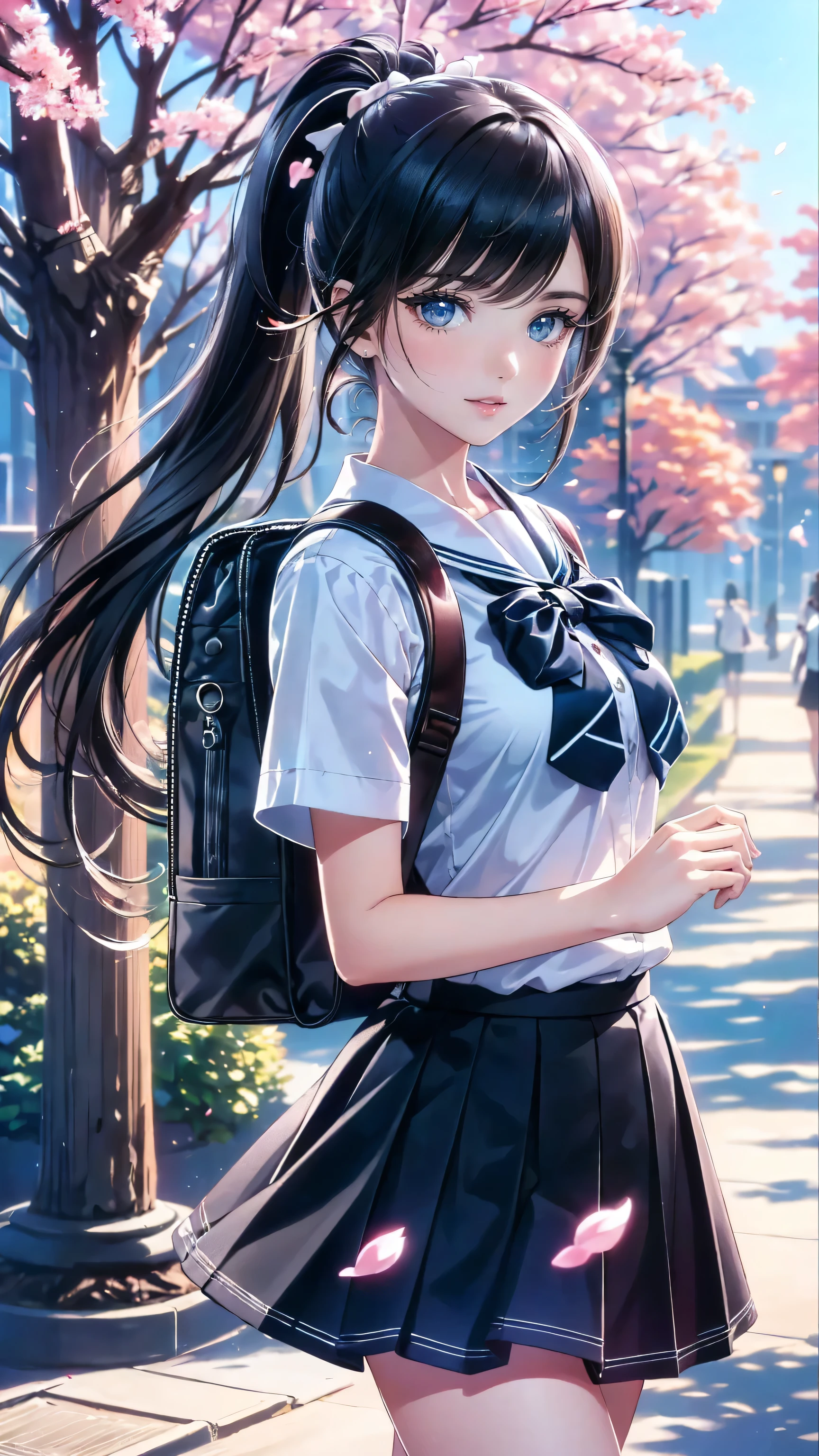 Realistic (photorealistic Realism), (high resolution), ((intricately detailed digital art)), professional photography, (1 girl, alone), (ultra realistic texture details: velvety skin, hair),((sharp focus, no blurry, high resolution, absurd quality, black_eyes:1.4), intricately detailed:1.3),((extremely fine details eyes)), ((extra narrow eyebrows)), (perfect round eyes:1.3), finely detailed pupils:1.3, (extremely fine details pupils:1.3), (extremely fine details iris of the eyes), (Shining, mesmerizing, Vibrant eyes), detailed lips:1.3, (apply glossy red_lipstick, (pink_makeup), ultra-detailed), very detailed face, Random Hair, (( pastel colors)), (Dressed in a navy-blue school uniform with a pleated skirt and white blouse:1.22), a girl is walking down a quiet street , rucksack on one shoulder . Her long, black hair tied in a pretty ponytail , hall posing in studio with . The street is surrounded by cherry blossom trees , cherry blossom petals are dancing around her, creates a picturesque landscape . as she humps a song 、 has a slight smile , enjoying a quiet walk to school . The sun has just risen , Soft Cast, the golden color that spreads through the scene , and a light breeze softens the hem of her skirt. ( early morning, school uniform, gentle expression , cherry blossoms)