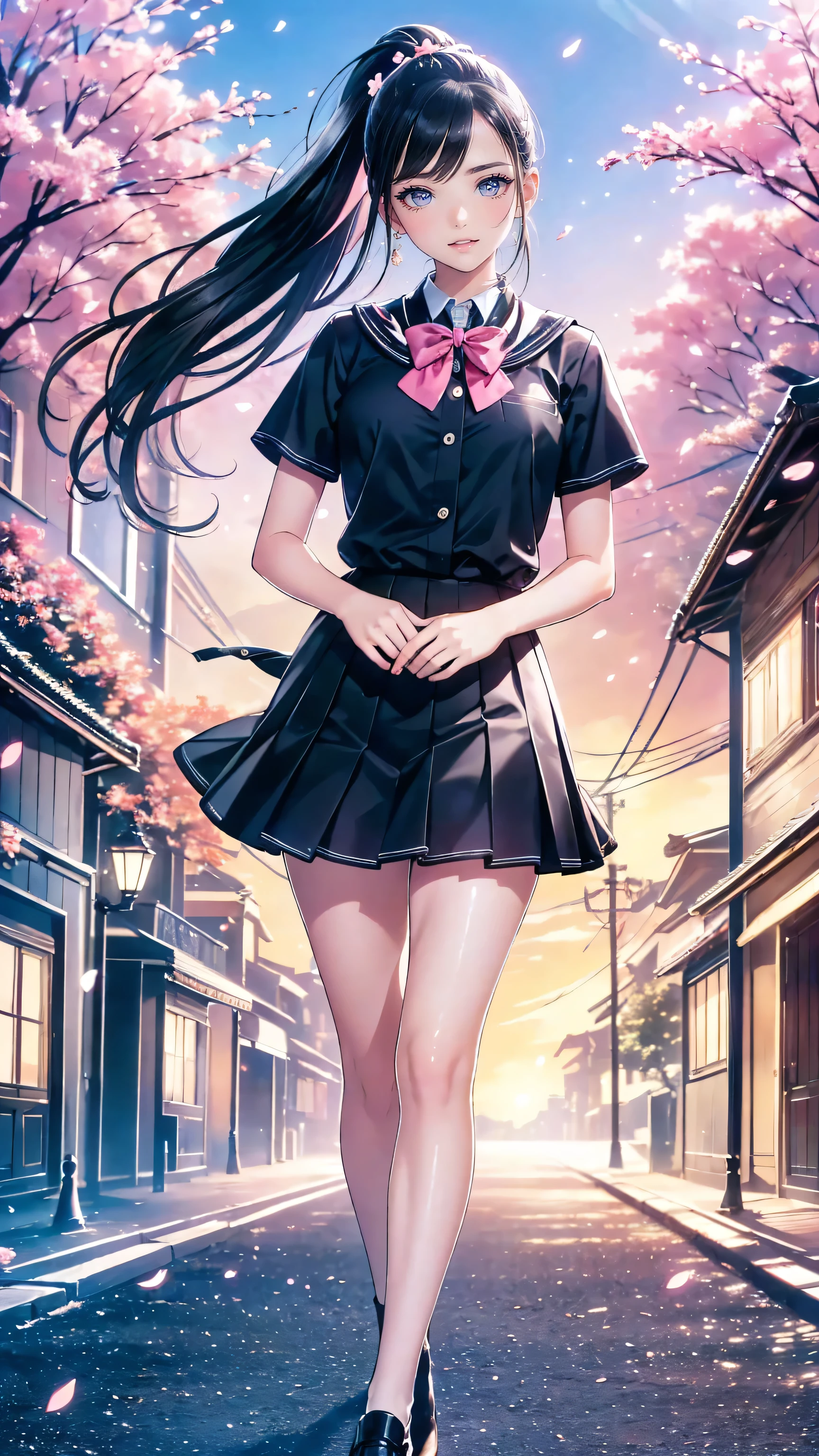 Realistic (photorealistic Realism), (high resolution), ((intricately detailed digital art)), professional photography, (1 girl, alone), (ultra realistic texture details: velvety skin, hair),((sharp focus, no blurry, high resolution, absurd quality, black_eyes:1.4), intricately detailed:1.3),((extremely fine details eyes)), ((extra narrow eyebrows)), (perfect round eyes:1.3), finely detailed pupils:1.3, (extremely fine details pupils:1.3), (extremely fine details iris of the eyes), (Shining, mesmerizing, Vibrant eyes), detailed lips:1.3, (apply glossy red_lipstick, (pink_makeup), ultra-detailed), very detailed face, Random Hair, (( pastel colors)), (Dressed in a navy-blue school uniform with a pleated skirt and white blouse:1.22), a girl is walking down a quiet street , rucksack on one shoulder . Her long, black hair tied in a pretty ponytail , hall posing in studio with . The street is surrounded by cherry blossom trees , cherry blossom petals are dancing around her, creates a picturesque landscape . as she humps a song 、 has a slight smile , enjoying a quiet walk to school . The sun has just risen , Soft Cast, the golden color that spreads through the scene , and a light breeze softens the hem of her skirt. ( early morning, school uniform, gentle expression , cherry blossoms) 