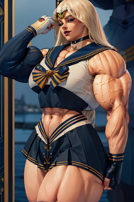 Dark background, seaside, nigh sky, Super Blue Moon, (((Sailor Moon))), Tsukino Usagi, Serena Tsukino, Gentle and pretty face, Smile, ((White translucent gloves)), ((White gloves up to the elbows)), (a blond, Twin-tailed hair), ((a sailor suit, a miniskirt)), (full-length portrait), (Female Bodybuilders), Navel, (surprisingly muscular body), (Red boots), Reallife Human, Blonde hair, High School Girl