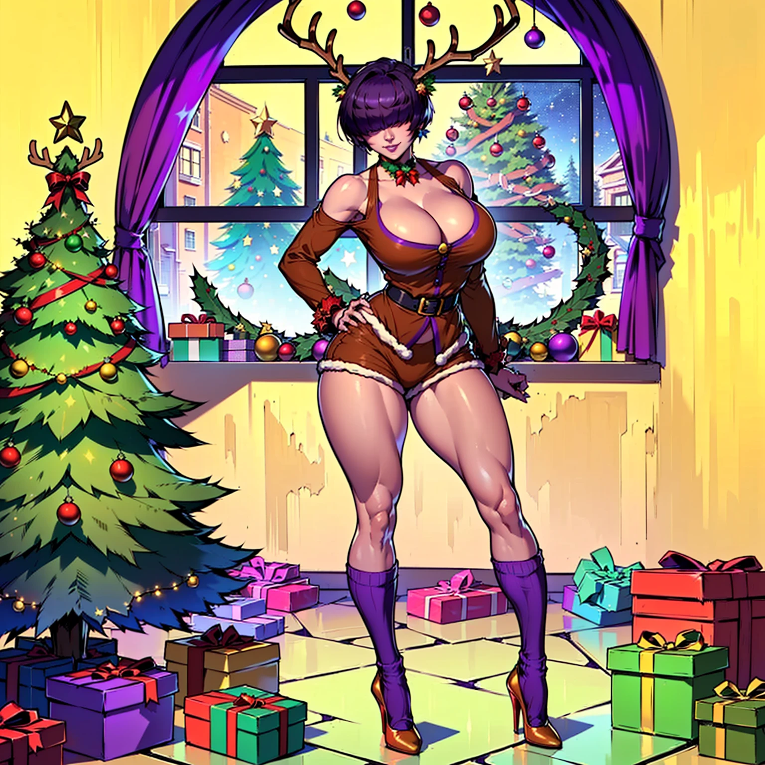 ((shiny eyes, 1girl, milf, standing, sexy pose, ((Orochi_Shermie, purple hair, short hair, hair bangs, hair over the eyes)), perfect face, sharp focus, professional artwork, intricate details)), ((fitness,, shapely body, athletic body, toned body)), ((reindeer costume, santa's reindeer, reindeer pajamas, reindeer babydoll, short nightgown with matching shorts, high heels, christmas trees, christmas decoration, wreaths, gifts, window, night, stars, smug, neckline, cleavage, natal, long socks, reindeer antlers, reindeer antlers, ice))