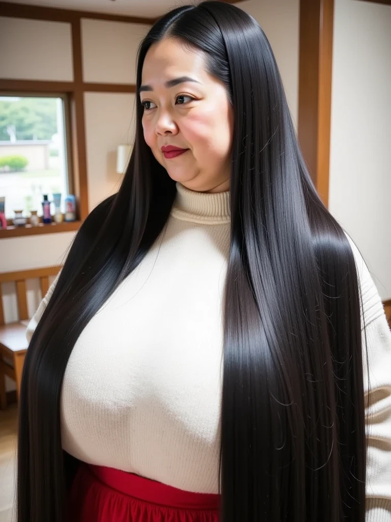 8k,Highest quality, masterpiece, Ultra-high resolution,(masterpiece:1.6, Highest quality), Intricate details, 1 female,Middle-aged woman in her 50s, japanese, full body,  top of head,  ((Absurdly Long hair:1.5)) ((jet Black Hair)), ((forehead:1.5)), obese, Fat face, round face, Saggy face, crow's feet wrinkies,((huge breasts, gigantic breasts:1.5)), ((super Saggy breasts:1.5)), ((pale skin, shiny red lips)), ((Mature woman proud of her ridiculously long black hair in shampoo commercials, white sweater, red frilly miniskirt :1.5))