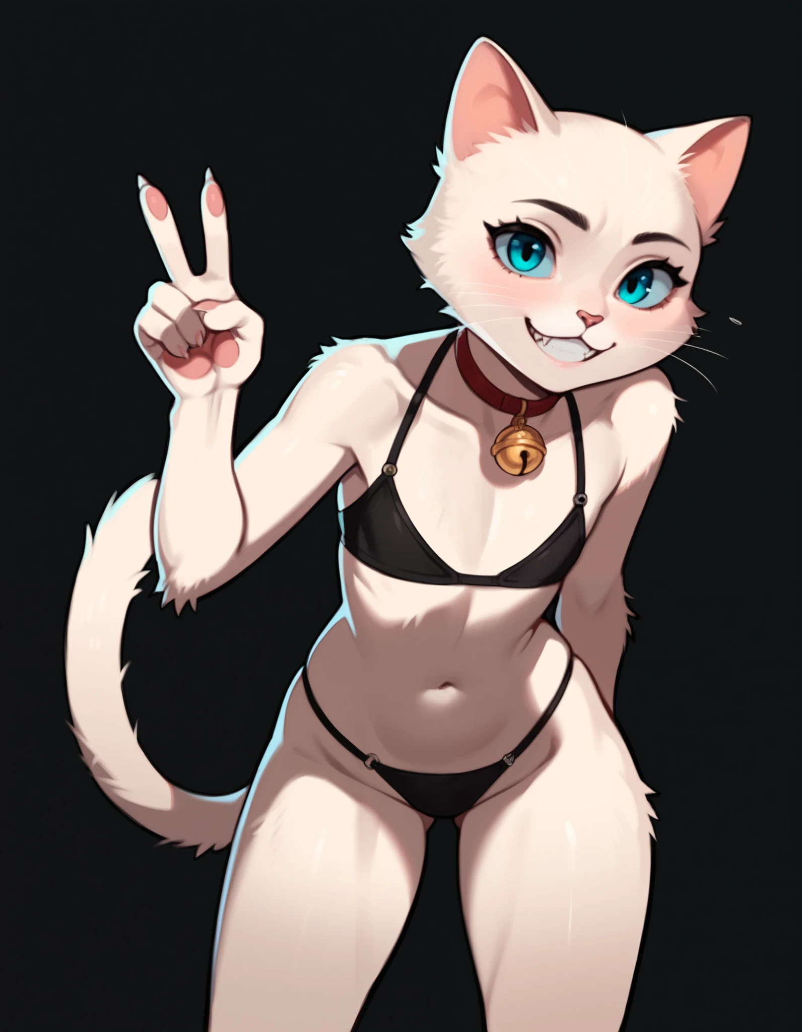 score_9, score_8_up, score_7_up, source_anime, anime, flat, cartoon, 2d, by nilsunna, BREAK ksp, black anthro female cat, cat nose, cat ears, two tone fur, cat tail, BREAK solo, standing, cowboy shot, thick thighs, arched back, leaning forward, smile, happy, v, looking at viewer, curvy, BREAK black background, simple background, , flat chest