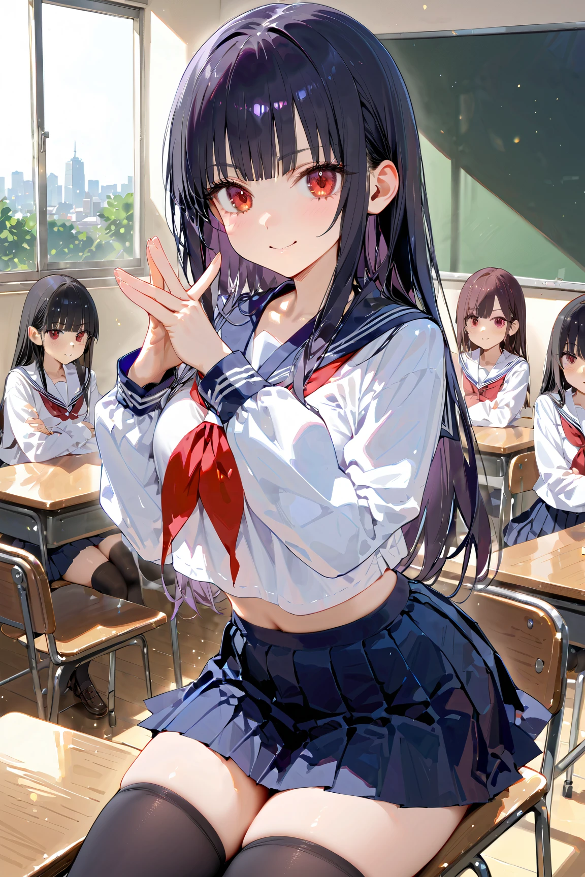 1girl, (x arms:1.3),
smile,
classroom,
BREAK 10yo, girl,large breasts, black hair, medium long hair, (long sideburns, sidelocks:1.2), (straight hair:1.2), (blunt bangs:1.0), red eyes, tsurime,
school uniform, serafuku, (white shirt, white sleeves:1.2), long sleeves, navy sailor collar, red neckerchief, midriff, crop top,
(navy pleated skirt, micro skirt:1.3), (long black legwear:1.2), thighhighs, zettai ryouiki,
masterpiece,best quality,amazing quality,very aesthetic,absurdres,newest, 