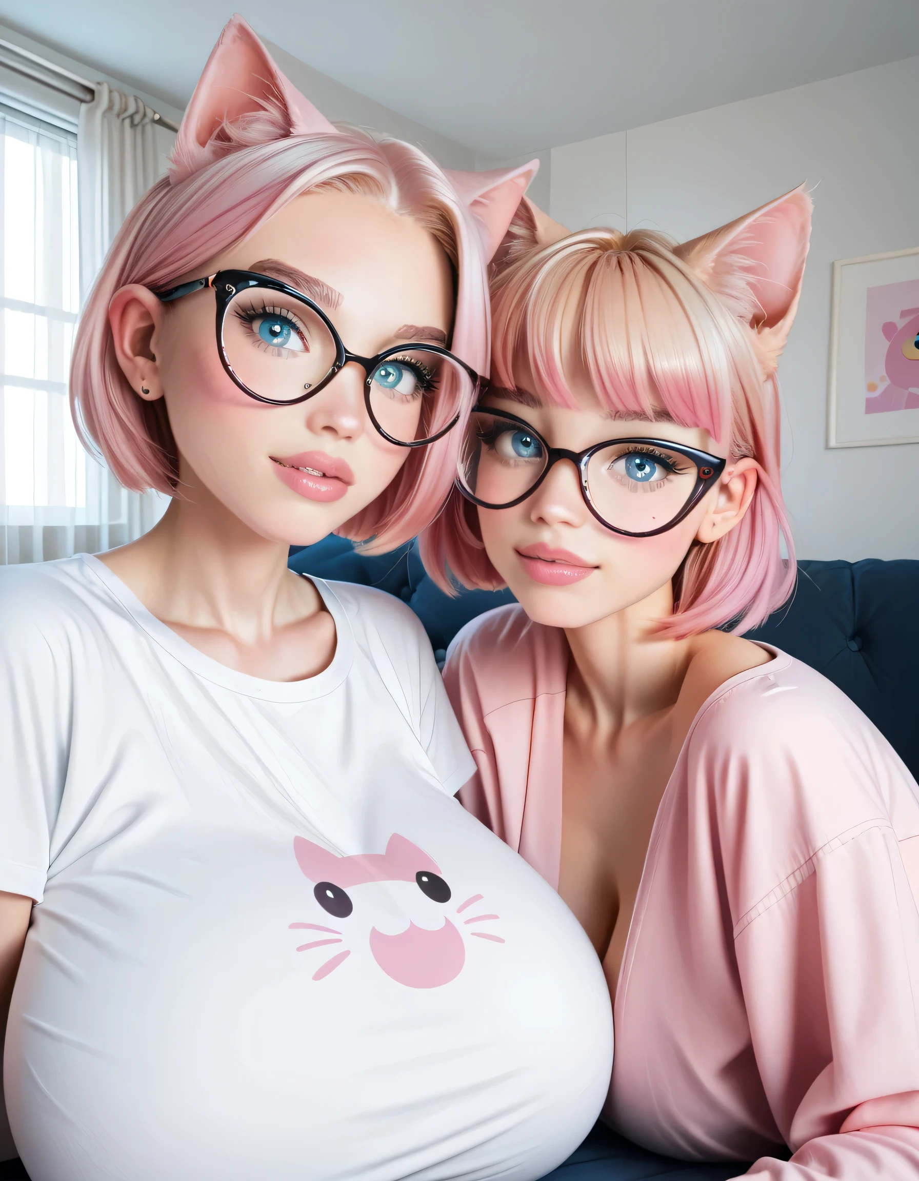 Hd, high quality, two girls with different hair, (high quality faces), adorable teenage schoolgirl, (((black oversized cat-eye glasses))), (((huge breasts))), pink and white bodysuit, expressive blue eyes, bedroom