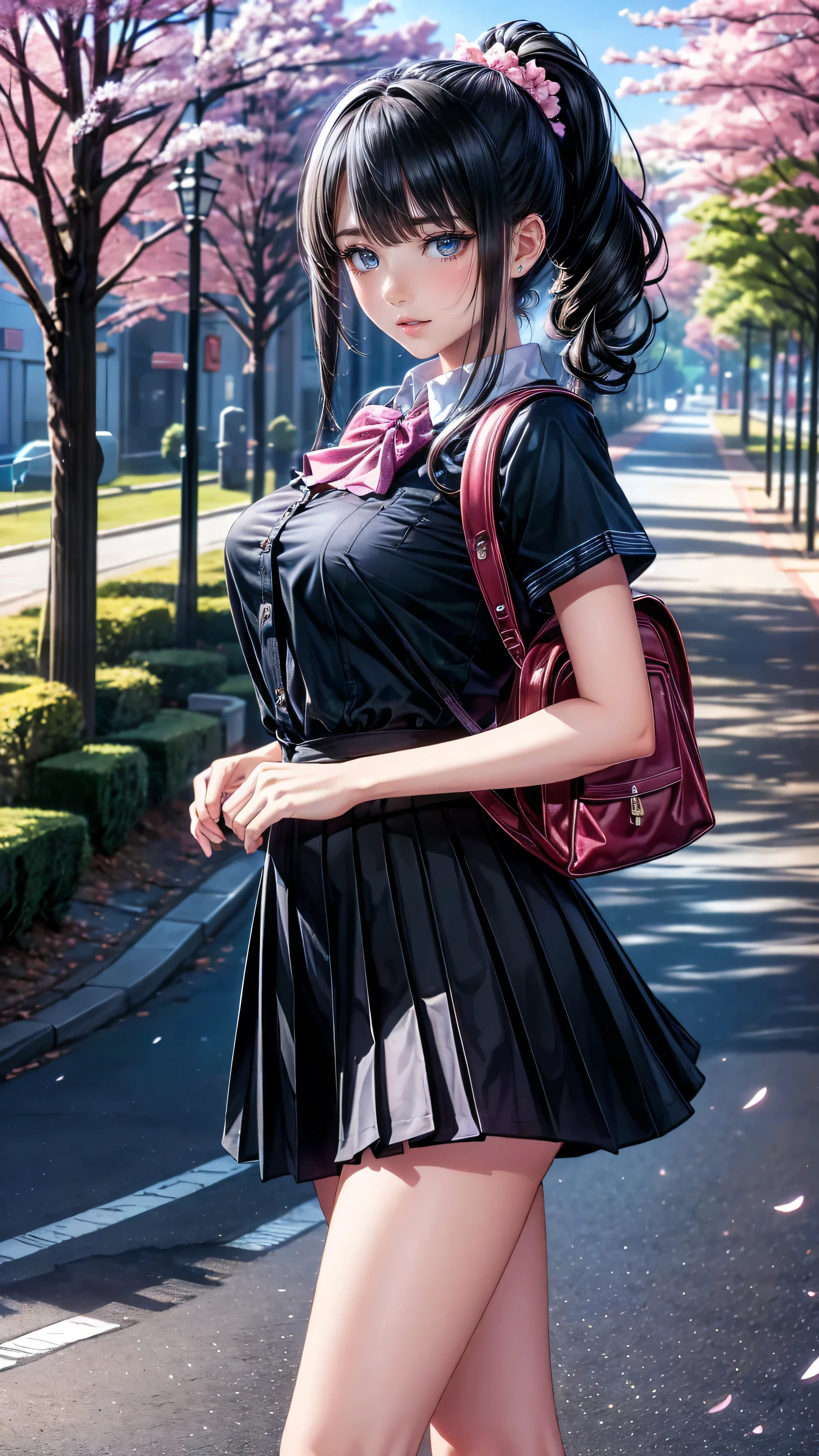 Realistic (photorealistic Realism), (high resolution), ((intricately detailed digital art)), professional photography, (1 girl, alone), (ultra realistic texture details: velvety skin, hair),((sharp focus, no blurry, high resolution, absurd quality, black_eyes:1.4), intricately detailed:1.3),((extremely fine details eyes)), ((extra narrow eyebrows)), (perfect round eyes:1.3), finely detailed pupils:1.3, (extremely fine details pupils:1.3), (extremely fine details iris of the eyes), (Shining, mesmerizing, Vibrant eyes), detailed lips:1.3, (apply glossy red_lipstick, (pink_makeup), ultra-detailed), very detailed face, Random Hair, (( pastel colors)), (Dressed in a navy-blue school uniform with a pleated skirt and white blouse:1.22), a girl is walking down a quiet street , rucksack on one shoulder . Her long, black hair tied in a pretty ponytail , hall posing in studio with . The street is surrounded by cherry blossom trees , cherry blossom petals are dancing around her, creates a picturesque landscape . as she humps a song 、 has a slight smile , enjoying a quiet walk to school . The sun has just risen , Soft Cast, the golden color that spreads through the scene , and a light breeze softens the hem of her skirt. ( early morning, school uniform, gentle expression , cherry blossoms) 