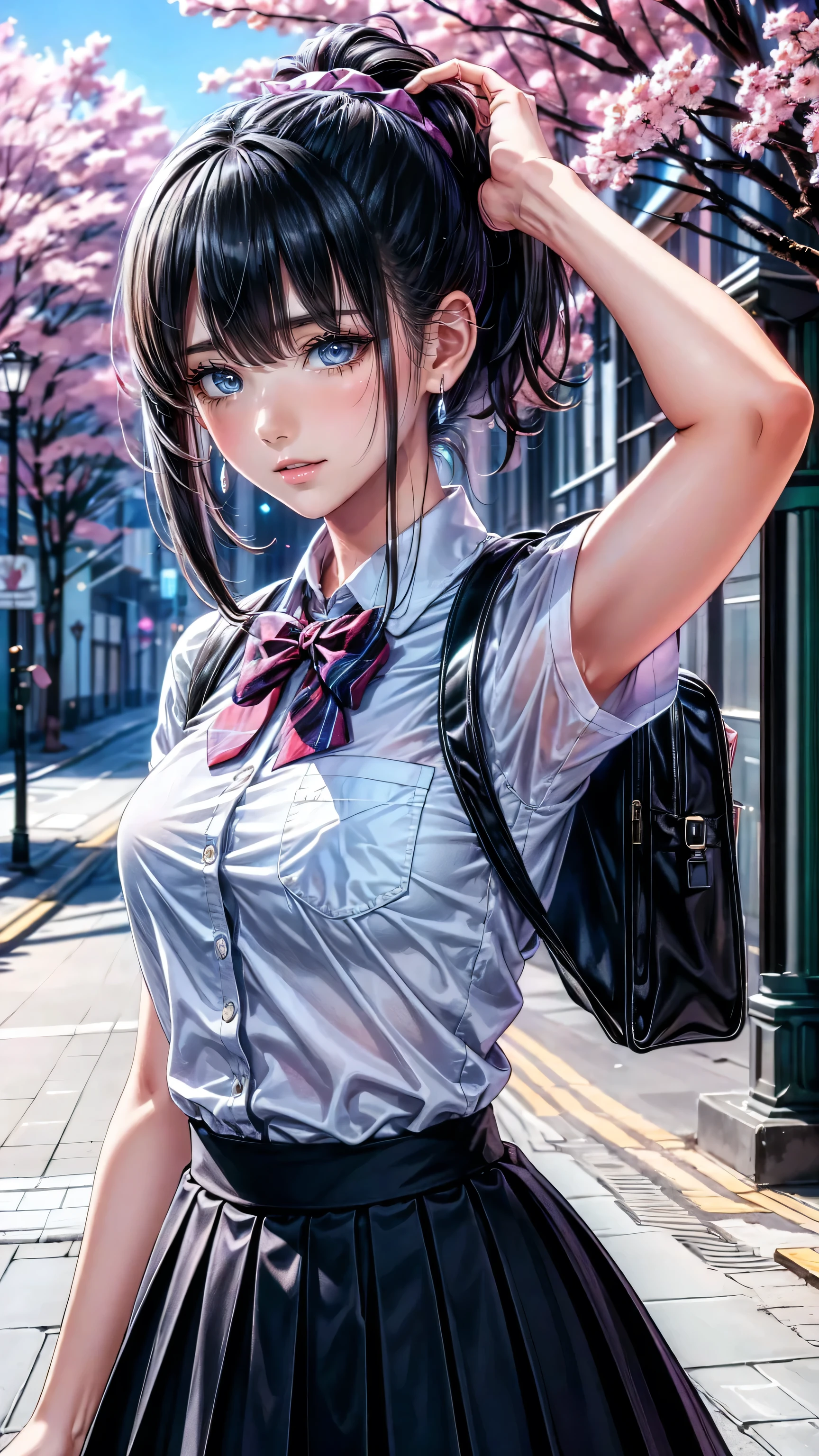 Realistic (photorealistic Realism), (high resolution), ((intricately detailed digital art)), professional photography, (1 girl, alone), (ultra realistic texture details: velvety skin, hair),((sharp focus, no blurry, high resolution, absurd quality, black_eyes:1.4), intricately detailed:1.3),((extremely fine details eyes)), ((extra narrow eyebrows)), (perfect round eyes:1.3), finely detailed pupils:1.3, (extremely fine details pupils:1.3), (extremely fine details iris of the eyes), (Shining, mesmerizing, Vibrant eyes), detailed lips:1.3, (apply glossy red_lipstick, (pink_makeup), ultra-detailed), very detailed face, Random Hair, (( pastel colors)), (Dressed in a navy-blue school uniform with a pleated skirt and white blouse:1.22), a girl is walking down a quiet street , rucksack on one shoulder . Her long, black hair tied in a pretty ponytail , hall posing in studio with . The street is surrounded by cherry blossom trees , cherry blossom petals are dancing around her, creates a picturesque landscape . as she humps a song 、 has a slight smile , enjoying a quiet walk to school . The sun has just risen , Soft Cast, the golden color that spreads through the scene , and a light breeze softens the hem of her skirt. ( early morning, school uniform, gentle expression , cherry blossoms)