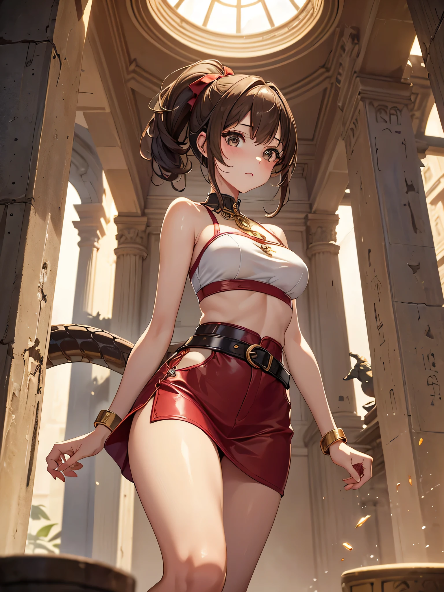 Solo, Kassandra (from assassin's creed oyssey, 1female, stron, toned abs, brown hair with side braids, brown eyes, light brown skin, Greek) wearing a one-piece armor, shoulders showing, squatting with arms up, armpit. ((masterpiece), best quality, ultra high resolution)