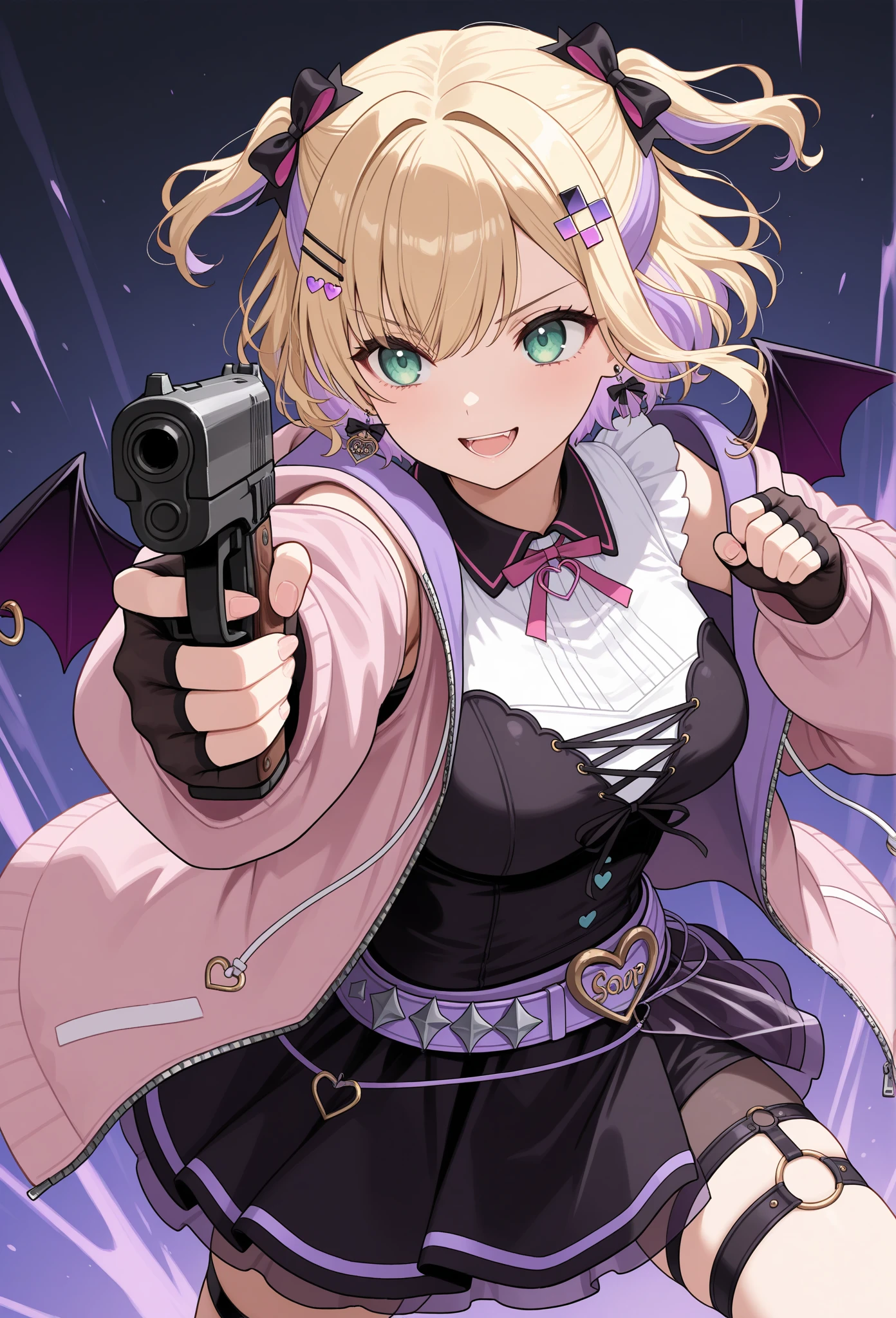 noah1, short hair, blonde hair, purple hair, two side up, hair bow, hairclip, hair ornament, green eyes, demon wings, breasts, neck ribbon, sleeveless shirt, pink jacket, fingerless gloves, black gloves, belt, see-through skirt, thigh strap, standing, cowboy shot, smile, open mouth, holding weapon, handgun, fighting stance, aiming,
ultra-detailed, masterpiece, newest, best quality