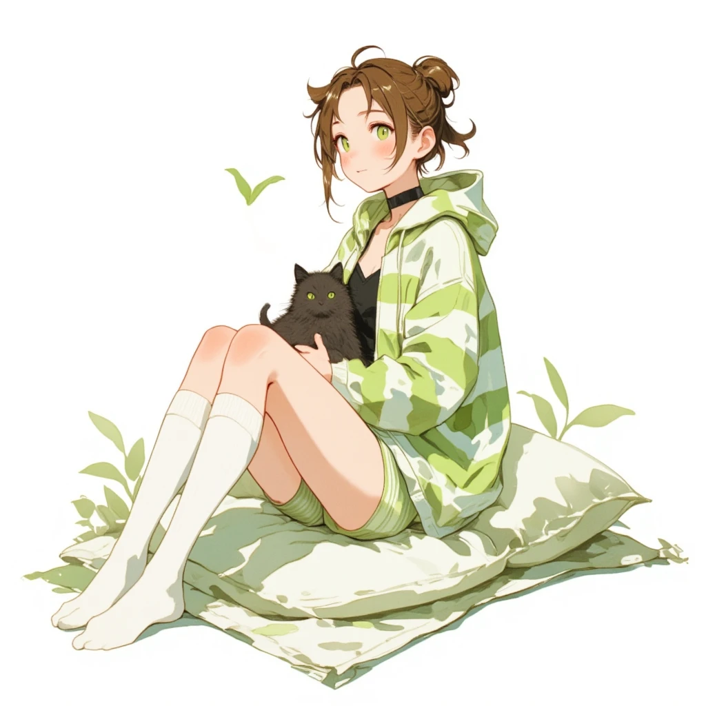 Watercolor painting illustration, full body, A cute-young-lady are sitting on cushion holding a black furry kitten, A cute-young-lady is 1lady\(brown hair, asymmetrical hair, updo, Lime Green eyes, gentle smile, A light green horizontal striped open-front hoodie over a black camisole, Light green striped shorts, White knee-high socks, wariza\), simple white background