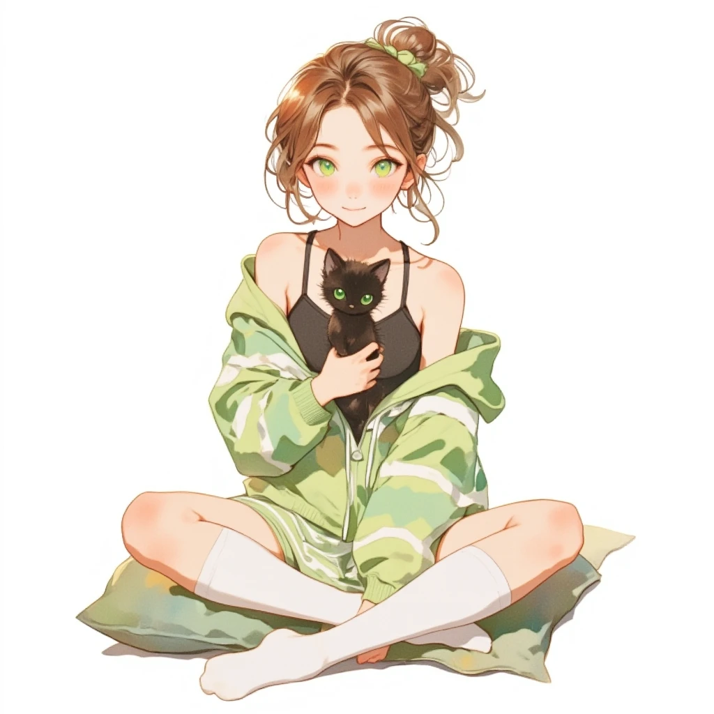 Watercolor painting illustration, full body, A cute-young-lady are sitting on cushion holding a black furry kitten, A cute-young-lady is 1lady\(brown hair, asymmetrical hair, updo, Lime Green eyes, gentle smile, A light green horizontal striped open-front hoodie over a black camisole, Light green striped shorts, White knee-high socks, wariza\), simple white background