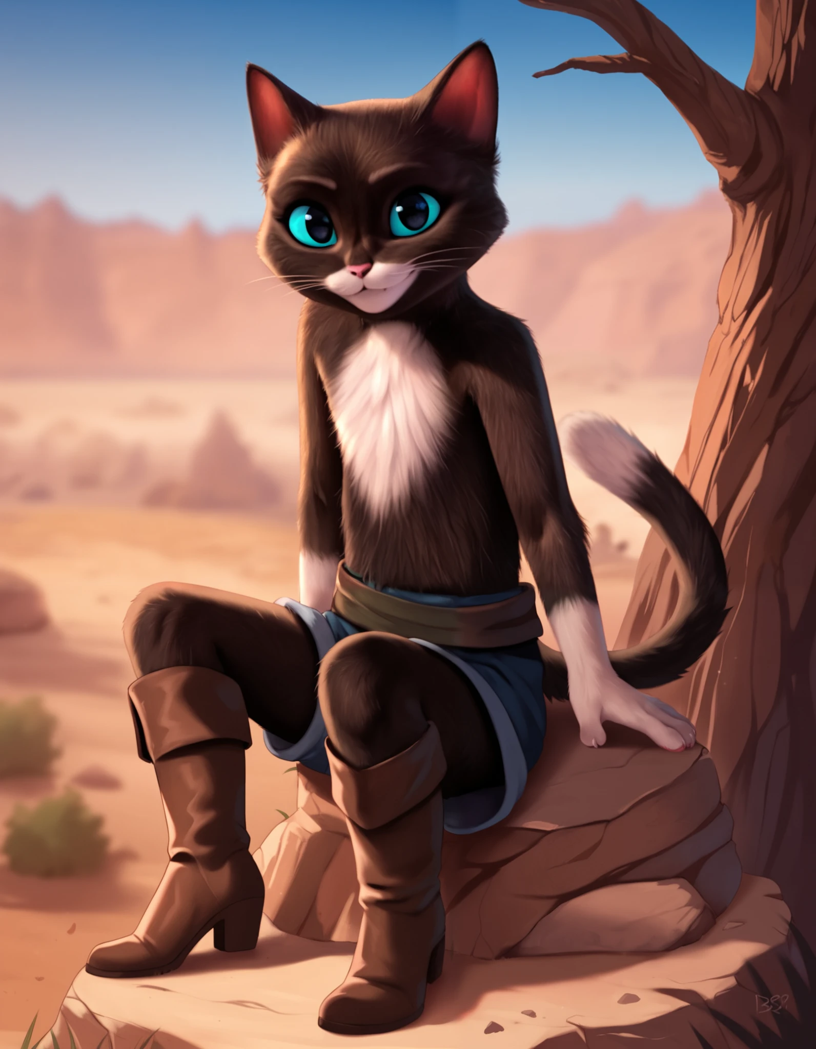 score_9, score_8_up, score_7_up, score_6_up, rating_safe, source_cartoon, source_furry, sunny, (ksp:1.2), black anthro female cat, full body, solo, sitting on rock, close up, (cute smile:1.3), (brown leather cowboy boots:1.1), side view, bandage belt, looking at viewer, expressive, solo, flat chest