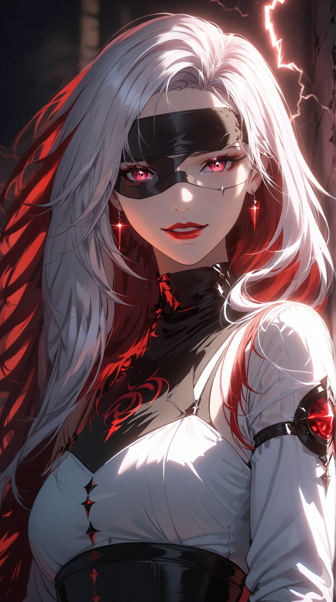 Demoing girl with a red dress white hair red eyes a devilish smile holographic shield glasses with a red scar on her face pointy ears and a lot of black and red piercings 