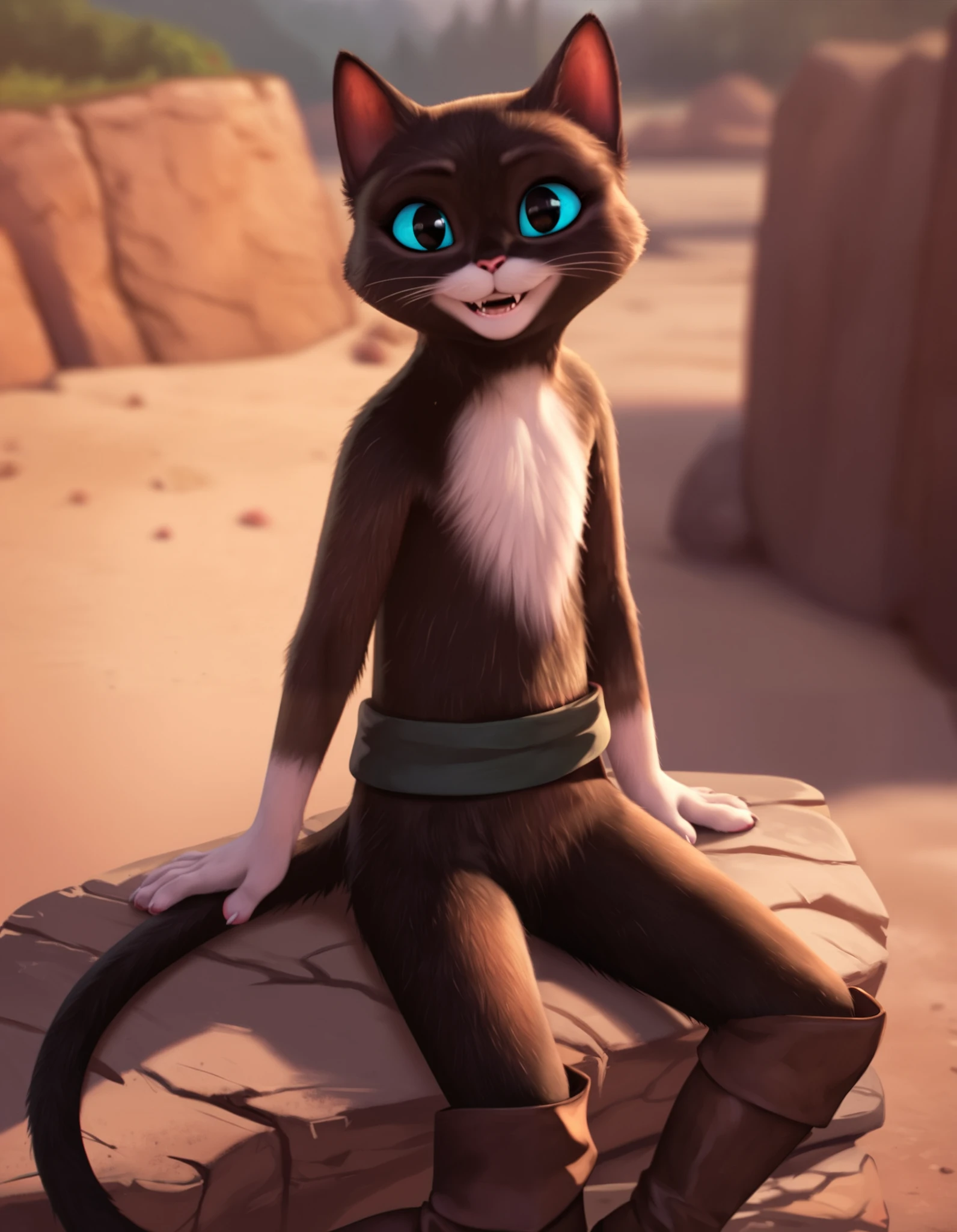 score_9, score_8_up, score_7_up, score_6_up, rating_safe, source_cartoon, source_furry, sunny, (ksp:1.2), black anthro female cat, full body, solo, sitting on rock, close up, (cute smile:1.3), (brown leather cowboy boots:1.1), side view, bandage belt, looking at viewer, expressive, solo, flat chest