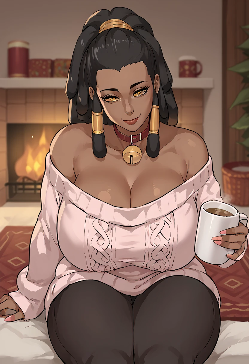 score_9, score_8_up, score_7_up, source_anime, 1woman, mature, human female, human, detailed face, jawline, collar, lustful eyes, smooth skin, dark skin, black skin, beautiful eyes, yellow eyes, black hair, huge breasts, dreads, dreadlocks hair, indoors, oversized sweater, head tilt, smiling, holding mug with both hands, wearing a cozy oversized sweater in soft pastel pink and leggings, sitting by a fireplace, window, snow, cleavage,