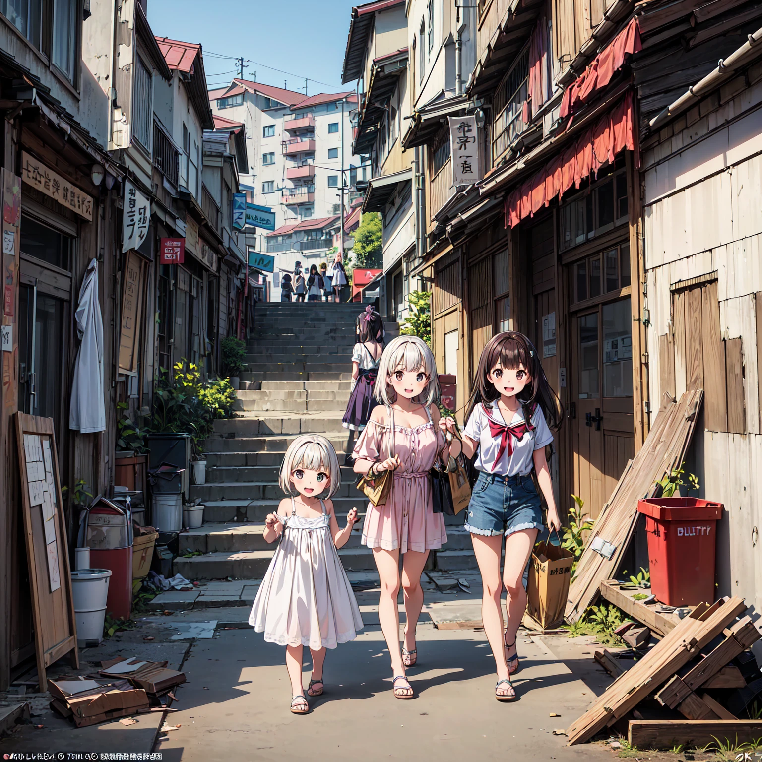 
((  Masterpiece 、 top quality、 Official Art 、Detailed Anime、Unity 8 ｋ wallpaper))、(( 3 girls stepping in groups、3 girls in summer clothes 、smile))、Have fun with everyone 、(Poor conditions、Battleship Island:1.2)、(Living Style、General store、Abandoned hot spring town 、Dirty、Bulky trash、Stairs to the basement、  underground shopping mall)、 anime official key media 