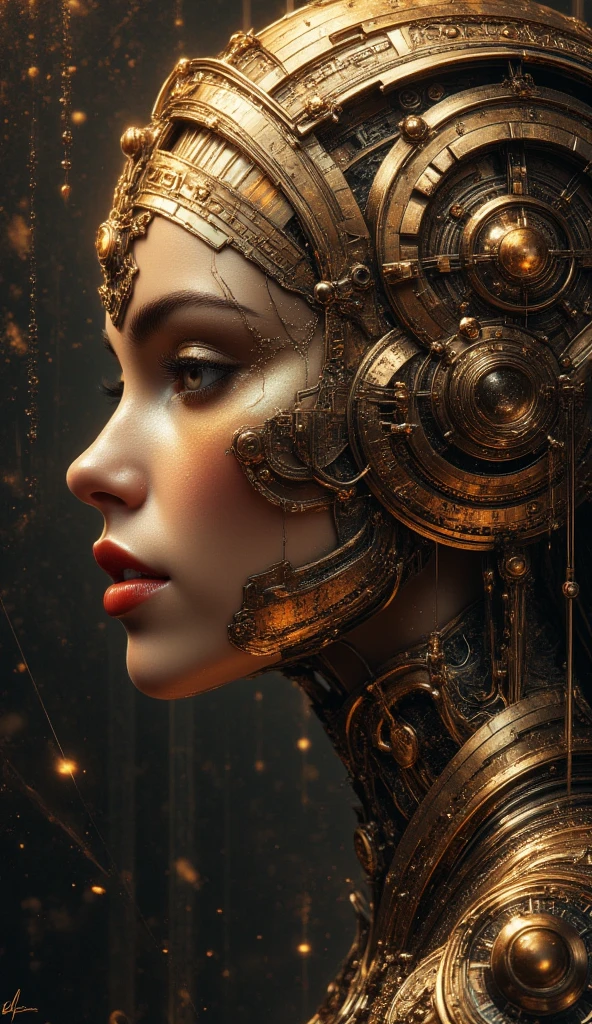 This is a striking piece of digital art!  It's a stylized portrait of a woman's profile, seamlessly integrated with complex, geometric, Art Deco-inspired designs.  The color palette is sophisticated, using muted golds, browns, oranges, and a pop of red on the lips. The overall effect is elegant, mysterious, and highly detailed. The mechanical elements add a sense of both strength and intricacy. The artist's signature is visible in the bottom right corner.  The image showcases impressive digital painting and design skills.
