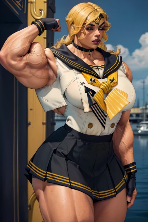 ((((Massive tall, beautiful, buff, light brown skinned muscular woman with yellow hair, black lipstick, ginormous bulky muscles and wearing a beautiful long yellow sailor top with sailor skirt)))), (close view), (massive muscles), long flowing hair, ((yellow sailor skirt)), gray eyes, choker, (((beautiful yellow sailor top))), belt, thigh high socks, black boots, (in the docks), (closed smile), night, massive muscles