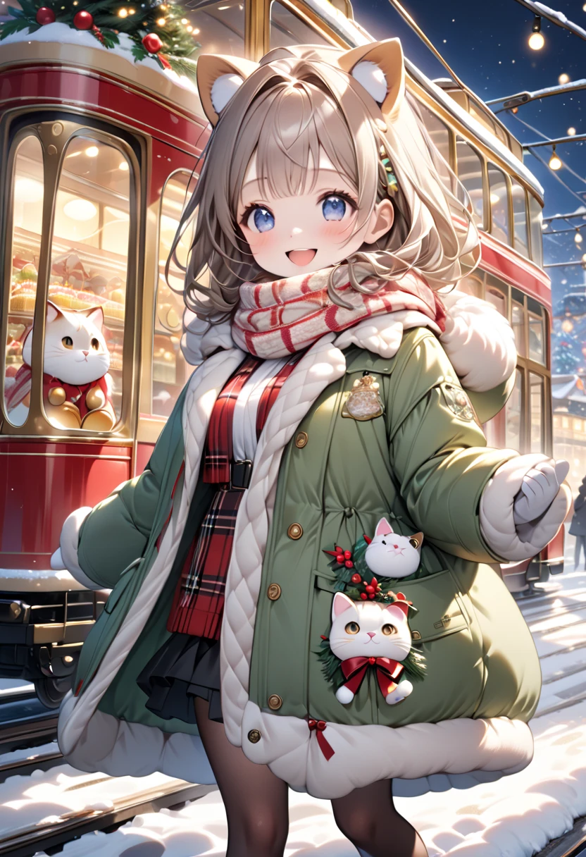 (masterpiece, ultra-detailed, best quality, clear focus, dramatic scene, cinematic), shadow, (ultra-high resolution, 8k), perfect anatomy, perfect face, (detailed face, detailed eye, chibi), cute Japanese chibi girl, famous Japanese chibi idol, very beautiful and cute and cool face, (wearing stylish winter outfit with long coat, woolen scarf and glove:1.2), (large breasts), (She is riding a gorgeously Christmas decorated cute tram with a giant fat cat:1.3), the Christmas gift box and Christmas trees are on the tram, (She is in front of the gorgeously Christmas decorated confectionery shop with Christmas illuminations, snow-covered road, these stores at the street are gorgeously decorated with Christmas decorations, professional lighting, (detailed very cute fluffy giant cat is mewing:1.3), she looks so happy, happy smile