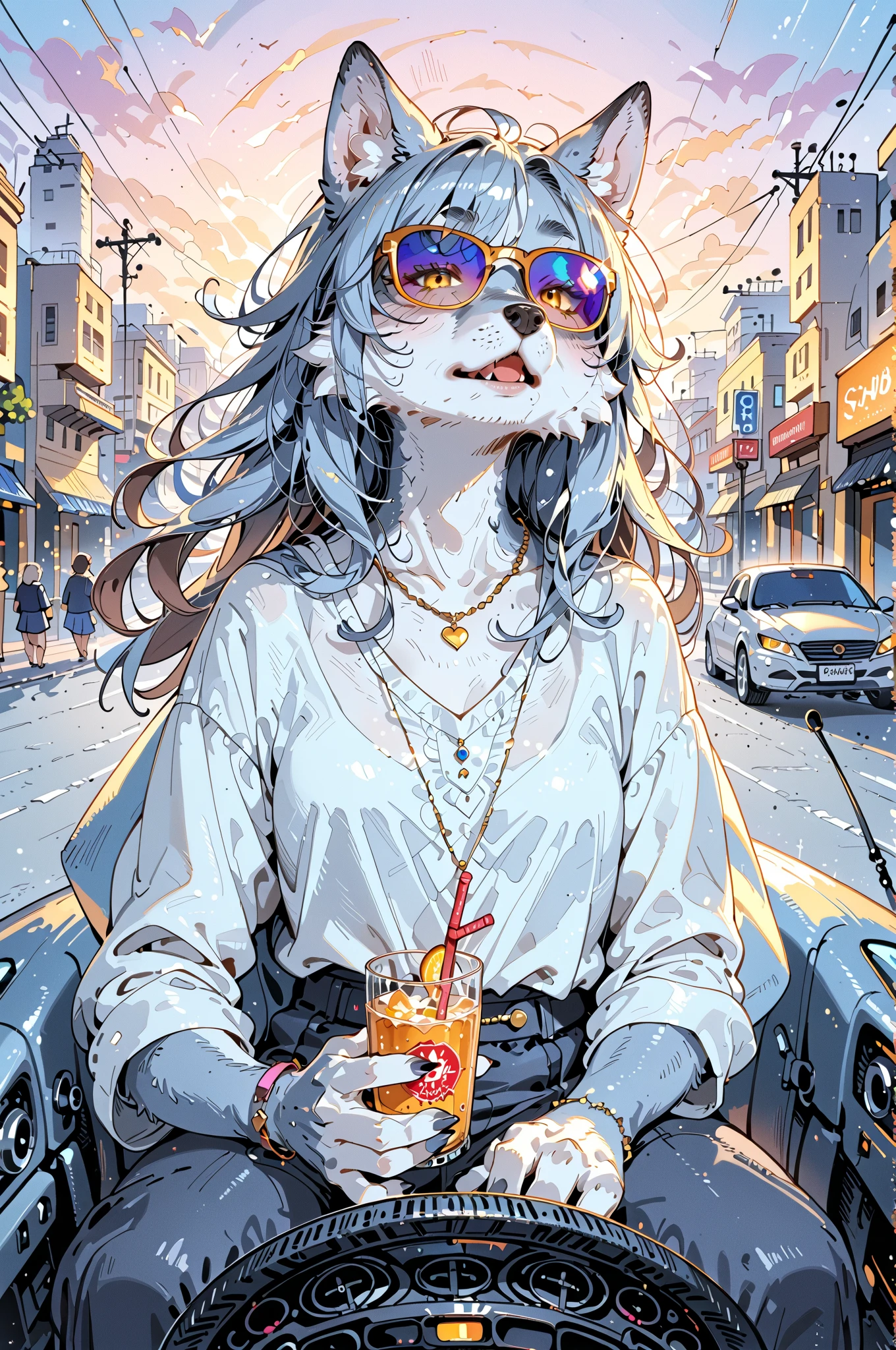 (couple of wolf),1girl\((wolf:1.4),(kemono),(furry),sunglasses,(driving convertible car)\),1girl\((wolf:1.4),(kemono),(furry),breast,drinking\),.dynamic angle,dynamic blur,dynamic car action,. score_9, score_8_up, score_7_up, score_6_up, score_5_up, score_4_up, source_anime,source_furry,rating_safe,rating_questionable,masterpiece, best quality, perfect anatomy , very aesthetic , absurdres