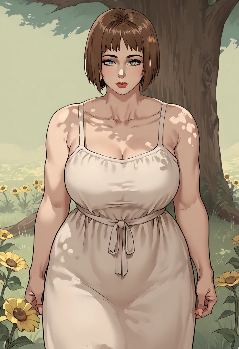 score_9, score_8_up, score_7_up, source_anime, 1woman, mature, human female, human, detailed face, jawline, smooth skin, beige skin, beautiful eyes, blue eyes, brunette, big breasts, bob cut hair, yellow flower sundress, set on a grassy knoll, under a large oak tree,