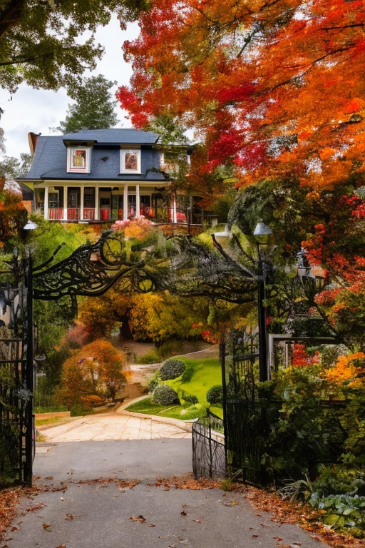  A 3-story house with a garden full of brightness on the roof, elegant front gate in an autumn landscape .