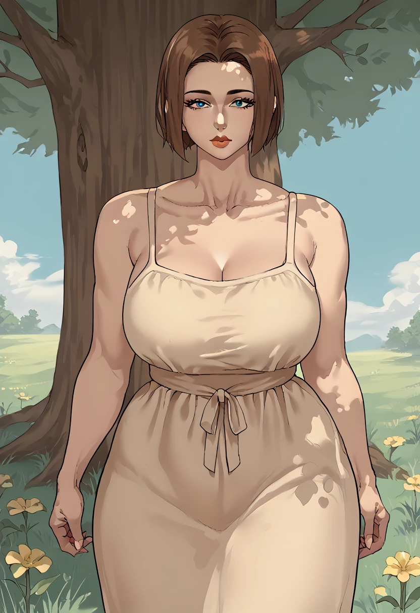 score_9, score_8_up, score_7_up, source_anime, 1woman, mature, human female, human, detailed face, jawline, smooth skin, beige skin, beautiful eyes, blue eyes, brunette, big breasts, bob cut hair, yellow flower sundress, set on a grassy knoll, under a large oak tree,