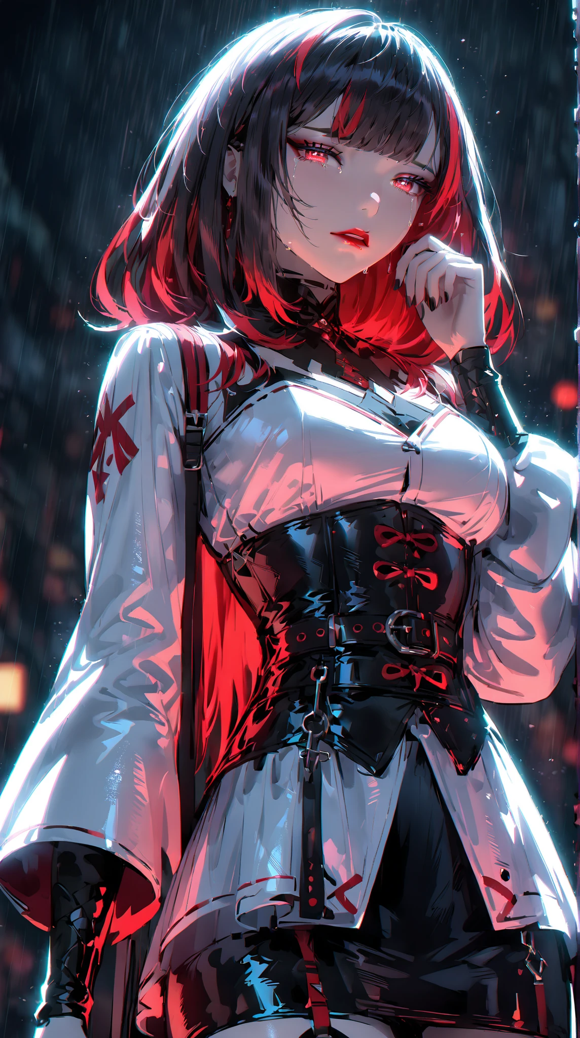 1girl, red hair:1.3 mask eyes,cat headband,black latex bodysuit, holding whip, pale skin, dramatic lighting, soft shadow, masterpiece, best quality, safe, SFW, very aesthetic, recent, absurdres, highres, lighting, glowing, rain