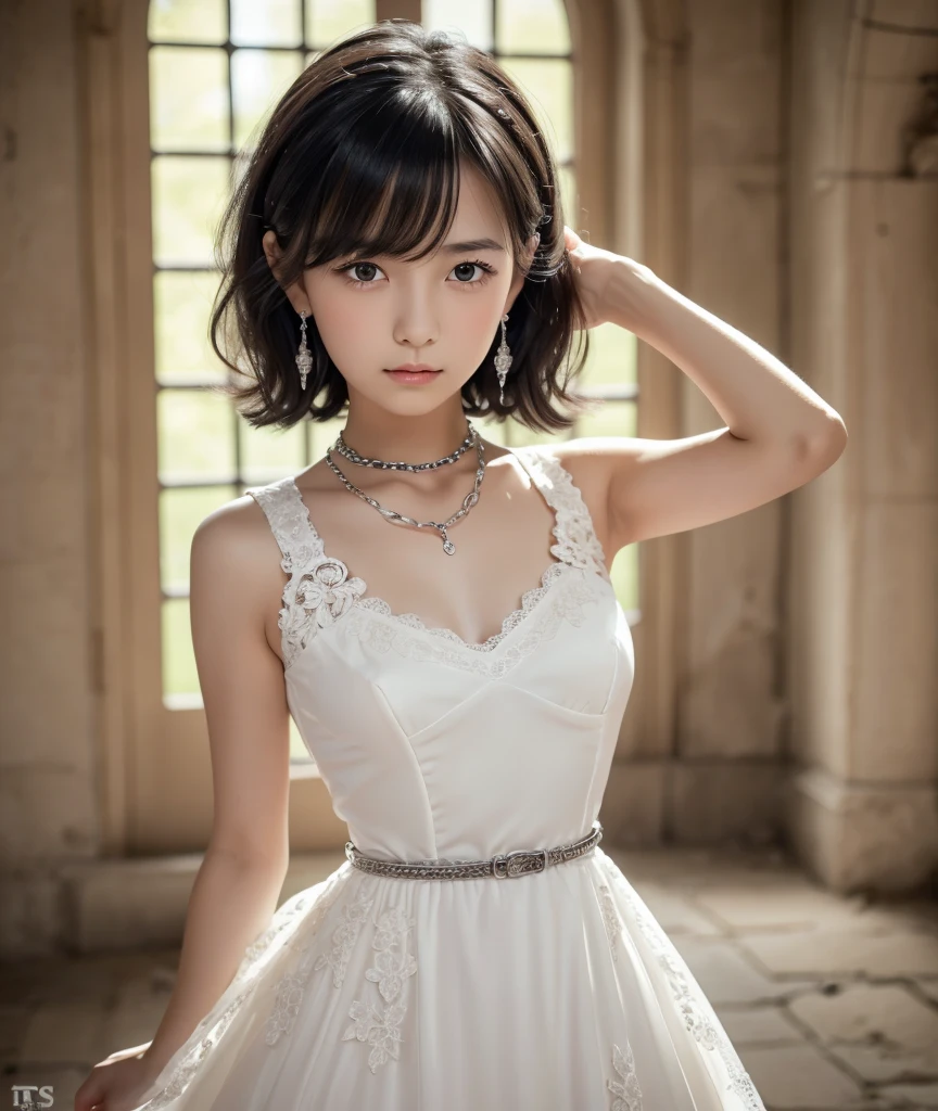 ,  very cute girl,  ,  black hair,  short bob from behind,  Big Ribbon Hair Ornament ,  Trimmed hair ,  shiny hair with makeup,  smooth hair like thread ,  expressive hair , Natural Bangs,  very white skin ,  very beautiful skin ,  Slender Eyes,  eyebrows at the outer corner of the eye ,  Trimmed, thin eyebrows ,  Transcendental Beautiful Girl, Pale pigmented eyes,  sleeveless,  Gothic Style Monotone Dress ,  monotone dress with white lace, bright red drop earrings , Slave collar with chain, Cross Armband , Abandoned Castle,  girder belt,  and look very sad,  an expression that endures pain, Your heart won't break ,  super high resolution ,  super high definition , 16k