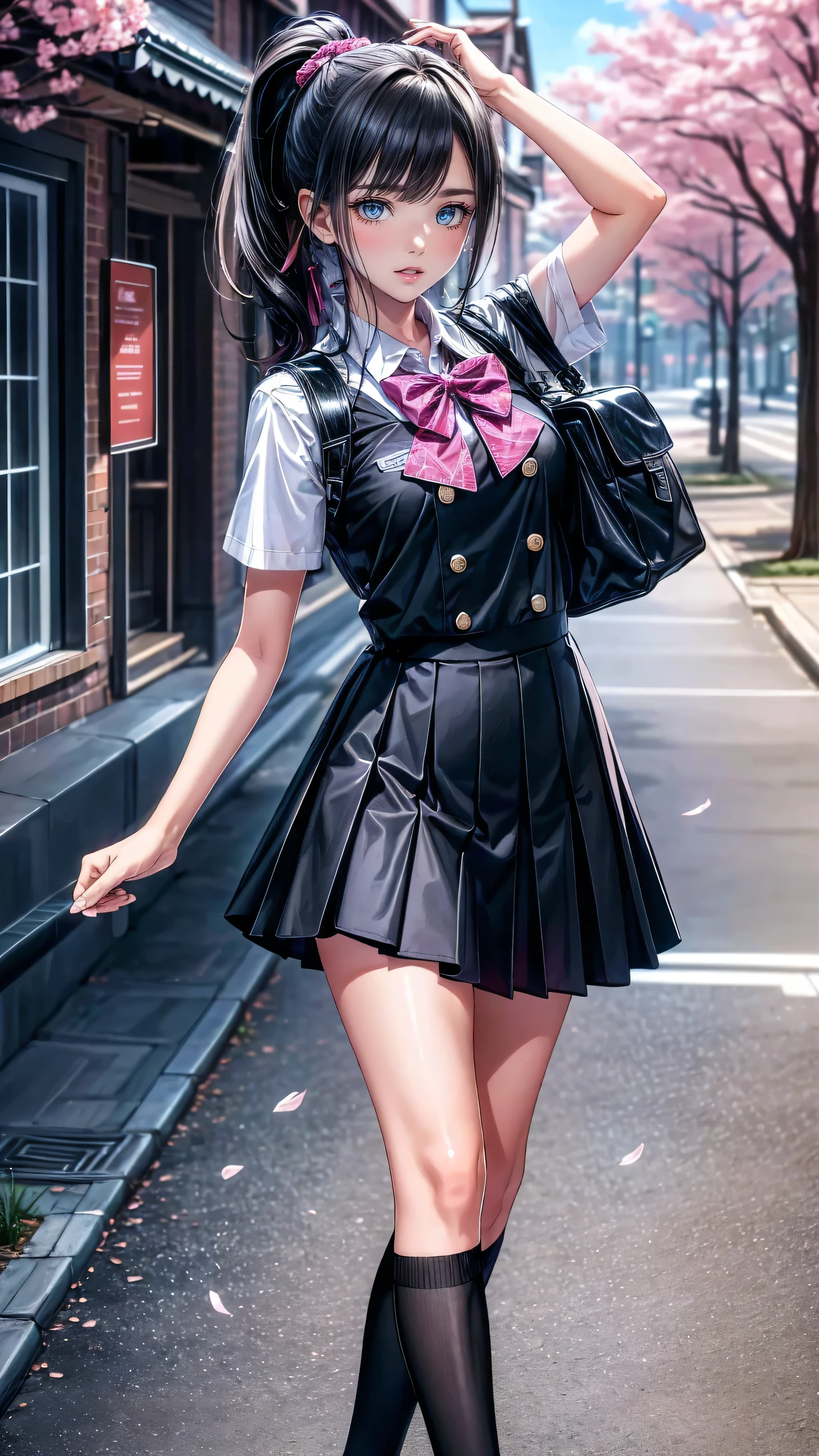 Realistic (photorealistic Realism), (high resolution), ((intricately detailed digital art)), professional photography, (1 girl, alone), (ultra realistic texture details: velvety skin, hair),((sharp focus, no blurry, high resolution, absurd quality, black_eyes:1.4), intricately detailed:1.3),((extremely fine details eyes)), ((extra narrow eyebrows)), (perfect round eyes:1.3), finely detailed pupils:1.3, (extremely fine details pupils:1.3), (extremely fine details iris of the eyes), (Shining, mesmerizing, Vibrant eyes), detailed lips:1.3, (apply glossy red_lipstick, (pink_makeup), ultra-detailed), very detailed face, Random Hair, (( pastel colors)), (Dressed in a navy-blue school uniform with a pleated skirt and white blouse:1.22), a girl is walking down a quiet street , rucksack on one shoulder . Her long, black hair tied in a pretty ponytail , hall posing in studio with . The street is surrounded by cherry blossom trees , cherry blossom petals are dancing around her, creates a picturesque landscape . as she humps a song 、 has a slight smile , enjoying a quiet walk to school . The sun has just risen , Soft Cast, the golden color that spreads through the scene , and a light breeze softens the hem of her skirt. ( early morning, school uniform, gentle expression , cherry blossoms)