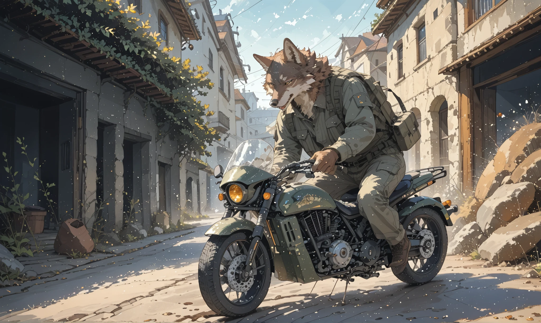 (couple of wolf),1boy\((wolf:1.4),(kemono),(furry),(old:1.3),(driving army combat bike)\),1girl\((wolf:1.4),(kemono),(furry),breast,holding gun at sidecar\),.dynamic angle,dynamic blur,bike action scene. score_9, score_8_up, score_7_up, score_6_up, score_5_up, score_4_up, source_anime,source_furry,rating_safe,rating_questionable,masterpiece, best quality, perfect anatomy , very aesthetic , absurdres,