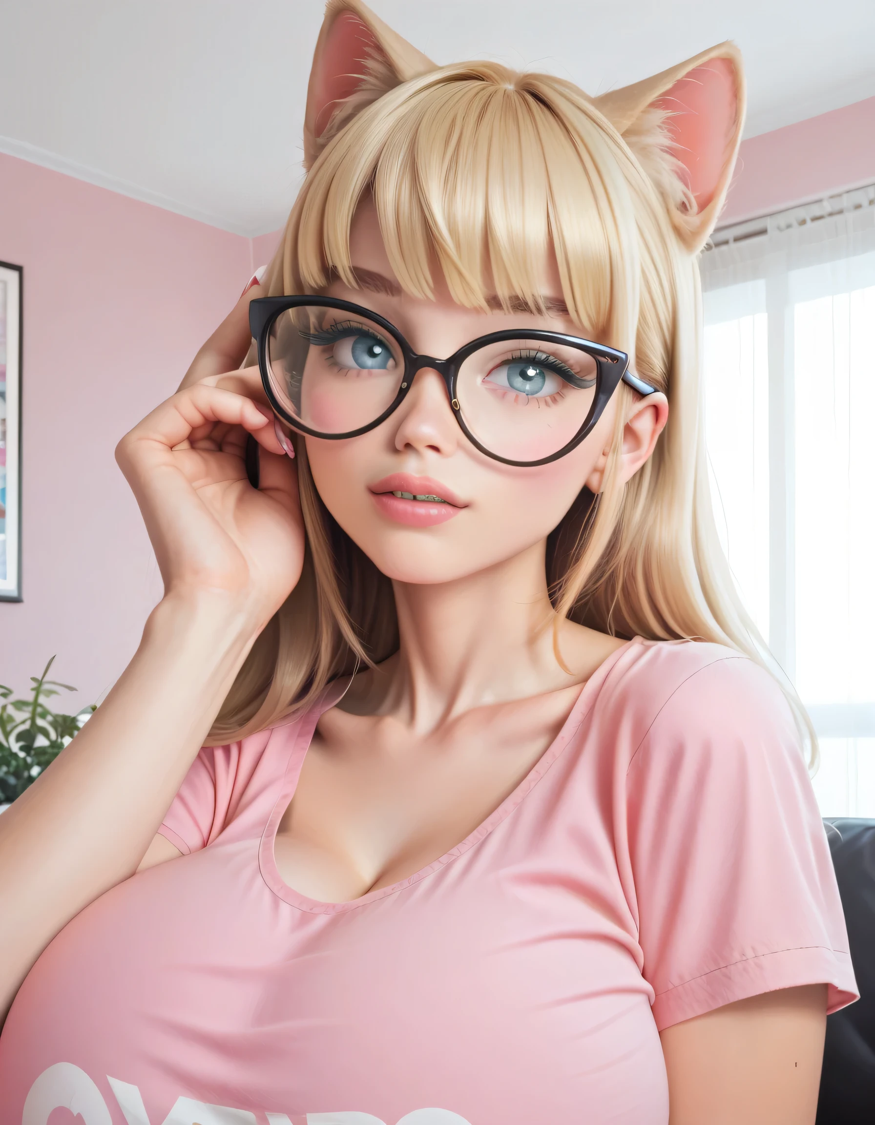 Hd, high quality, blonde bangs, (high quality faces), adorable girl, (((black oversized cat-eye glasses))), (((huge breasts))), pink and white bodysuit, expressive blue eyes, bedroom